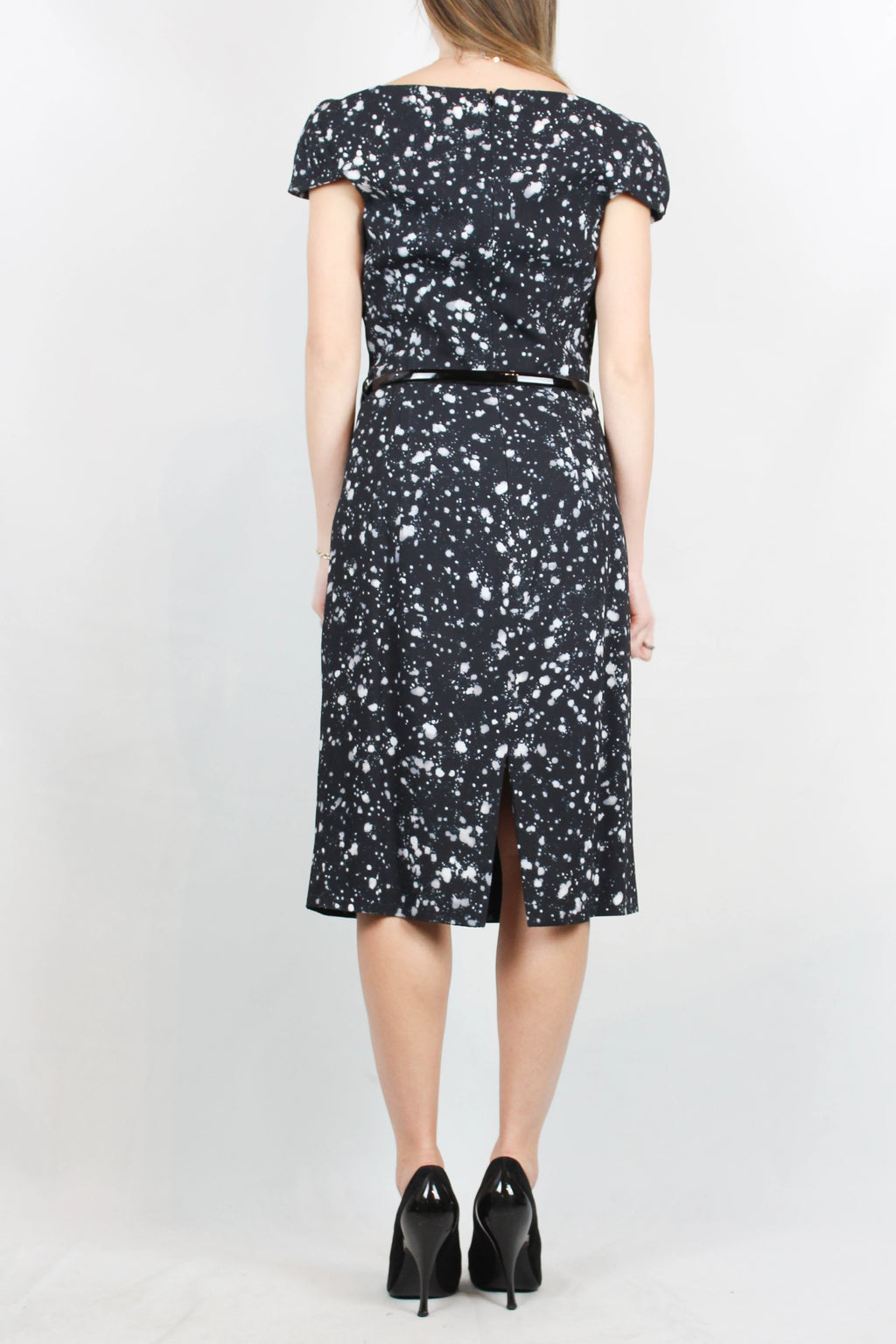 Black Fitted Dress with White Paint Print and Patent Belt