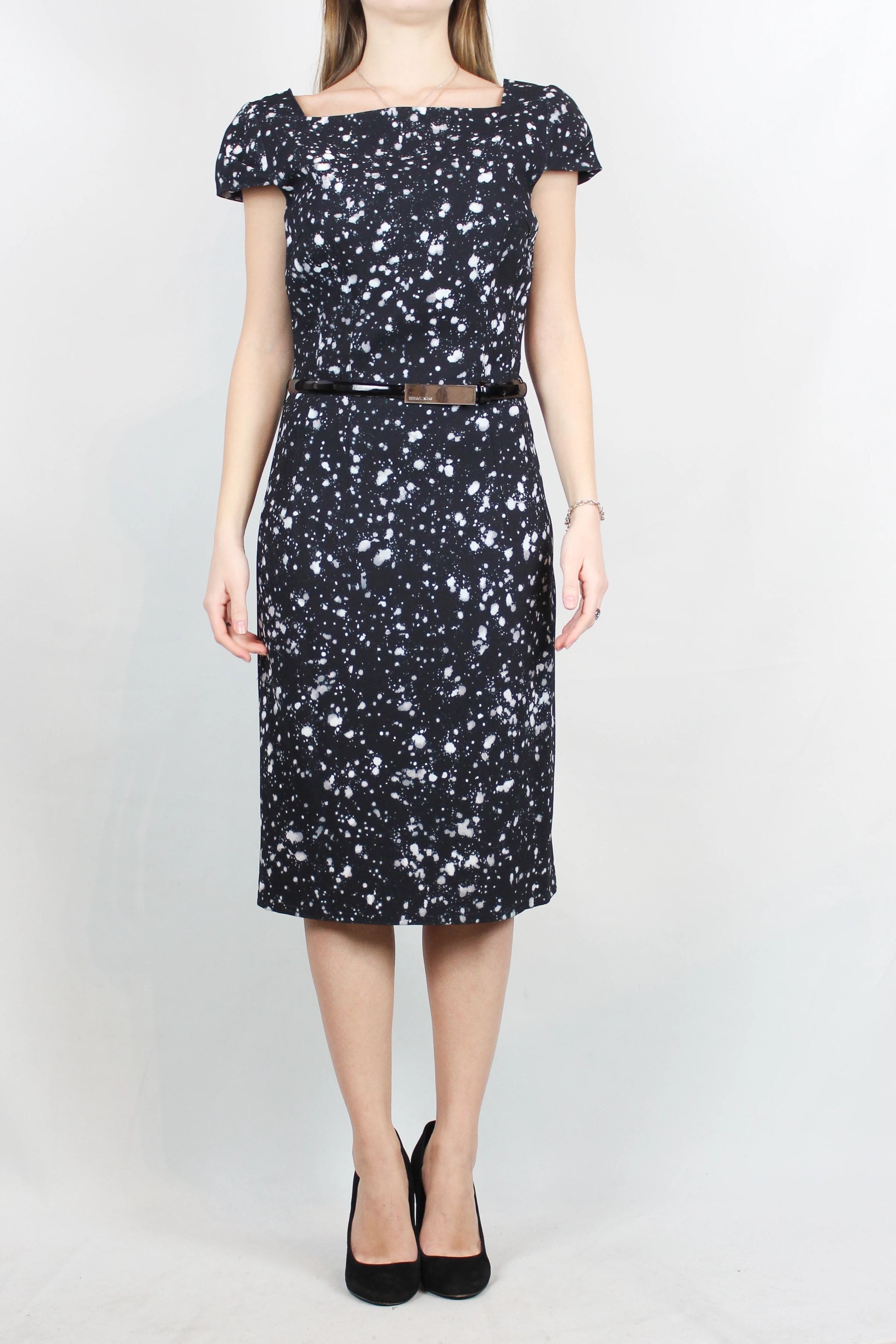 Black Fitted Dress with White Paint Print and Patent Belt