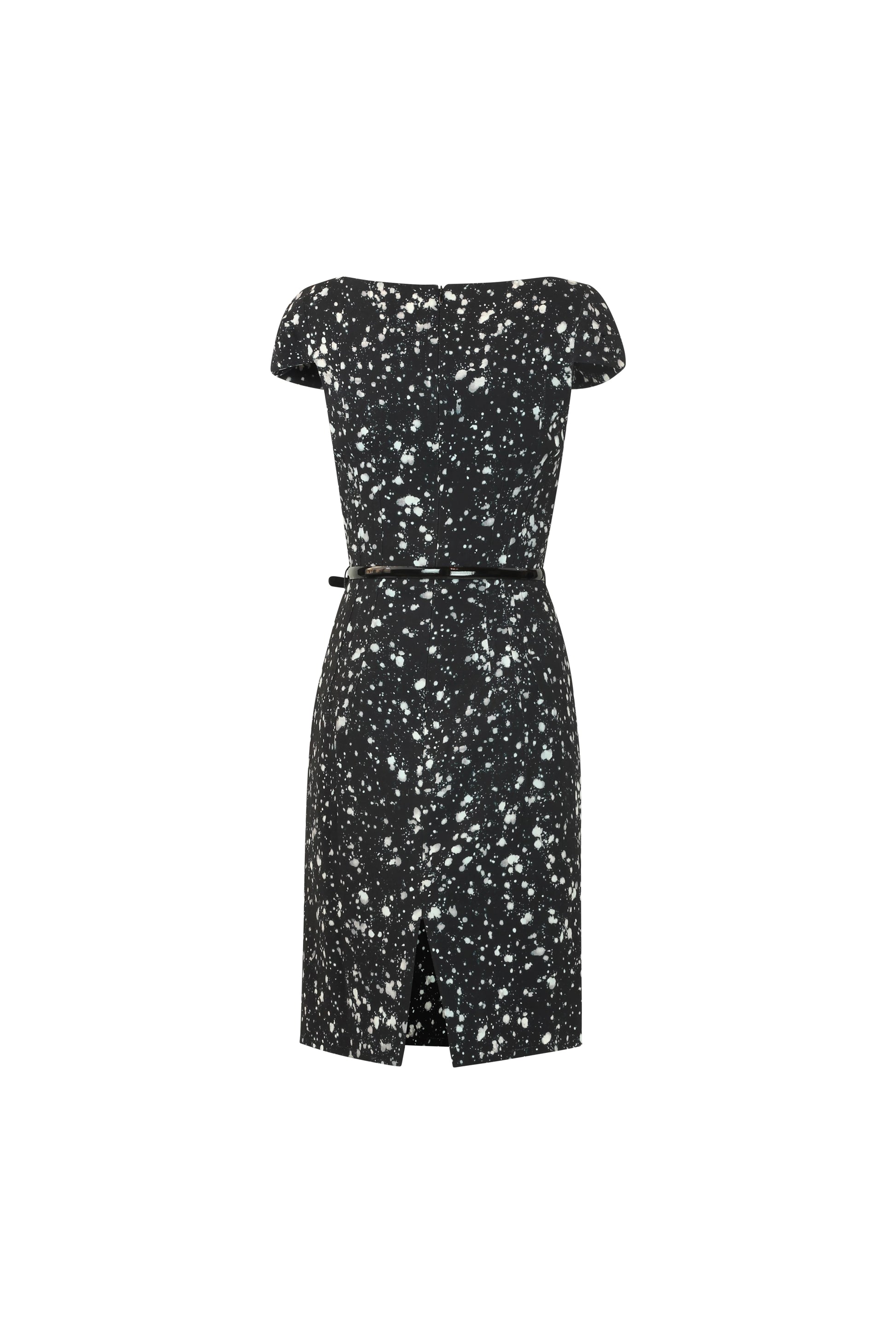 Black Fitted Dress with White Paint Print and Patent Belt