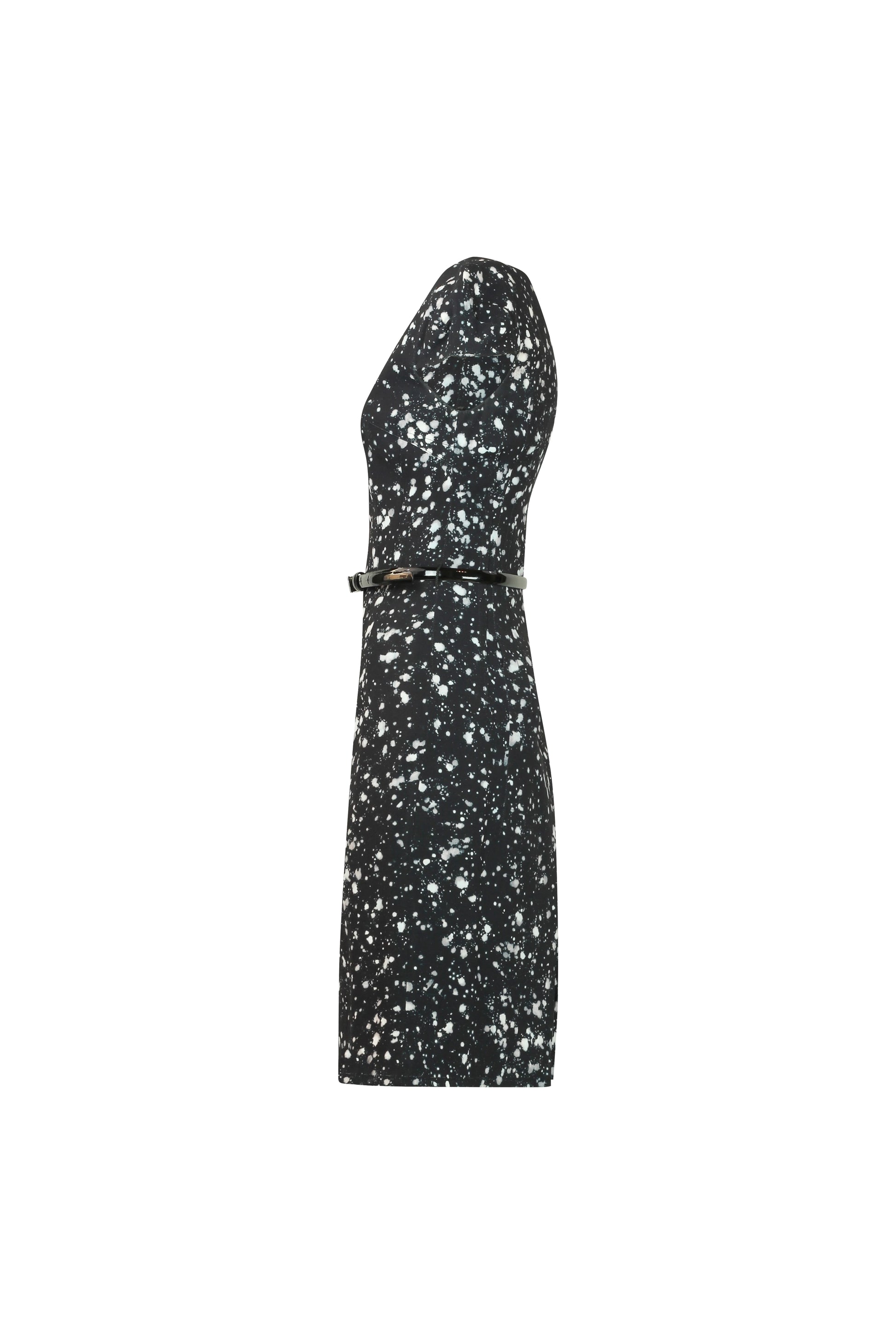 Black Fitted Dress with White Paint Print and Patent Belt