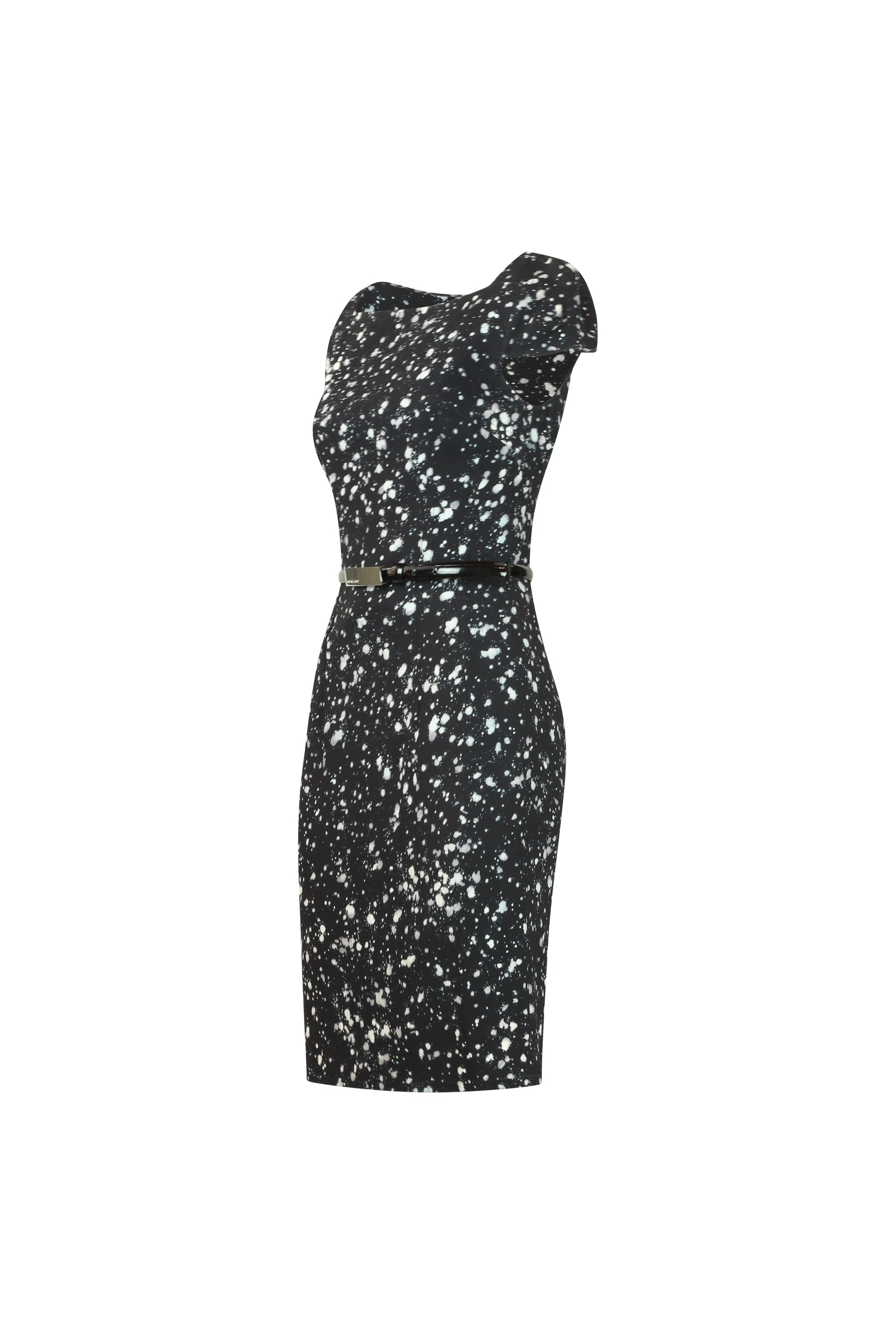Black Fitted Dress with White Paint Print and Patent Belt