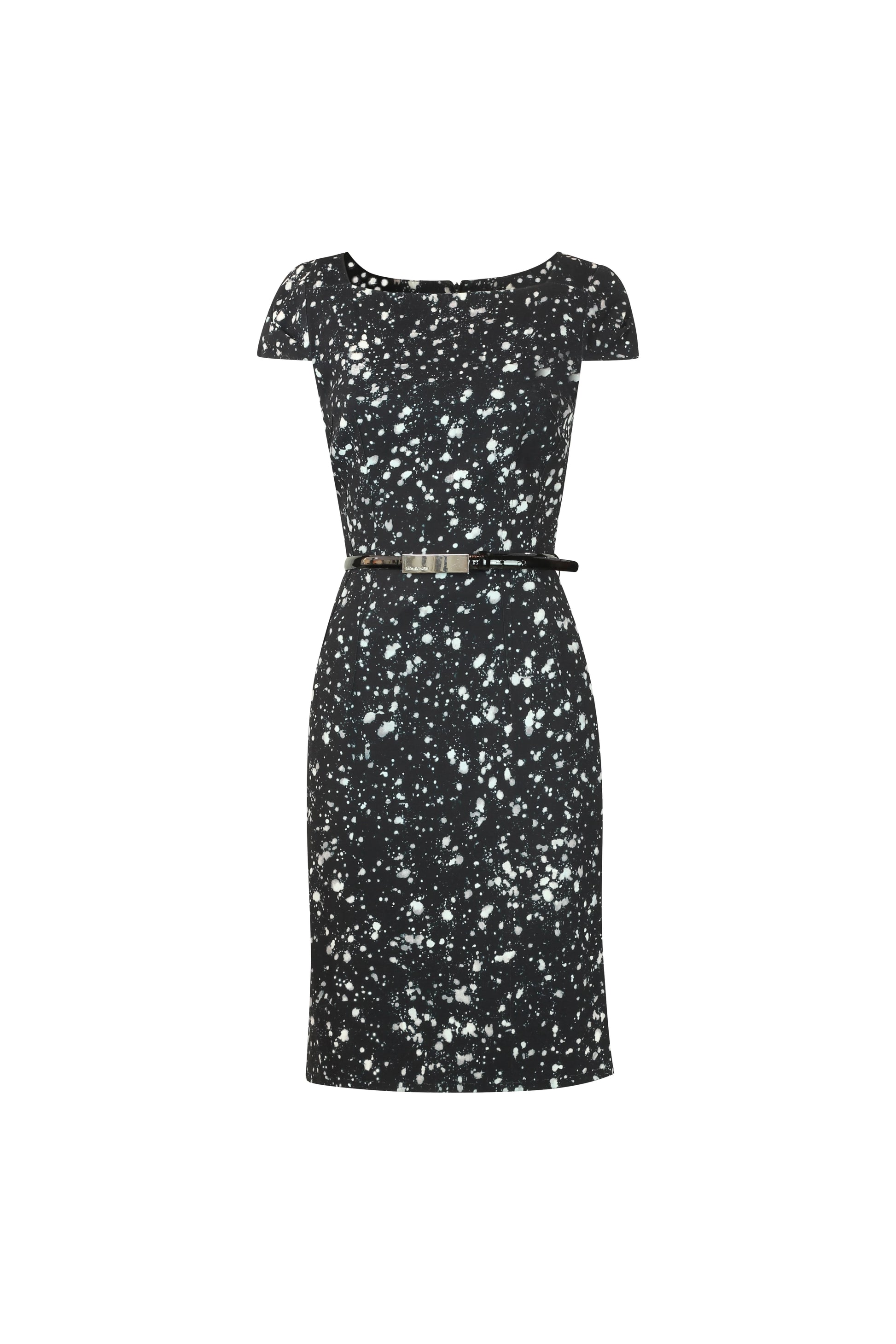 Black Fitted Dress with White Paint Print and Patent Belt