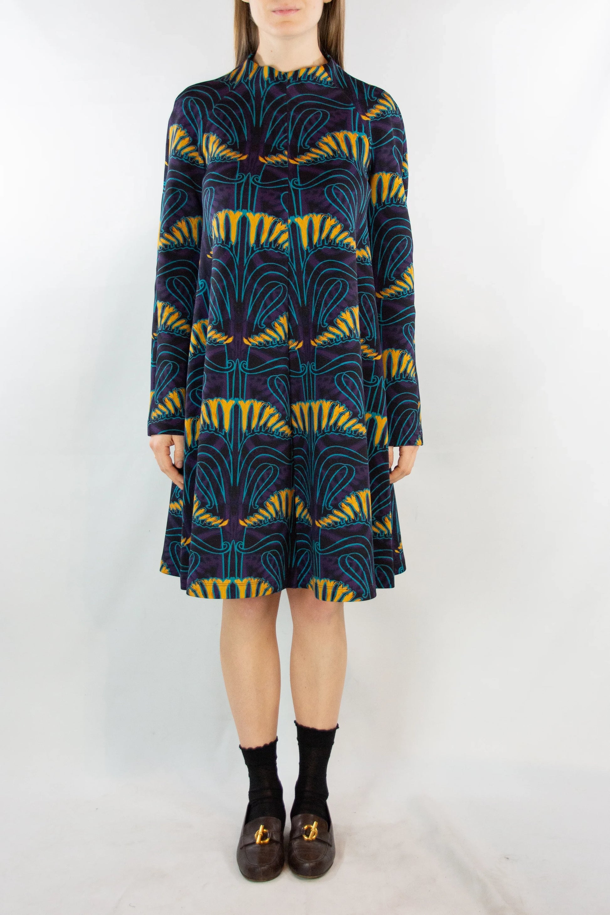 Print Cotton Jersey Dress with Turtleneck and Long Sleeves