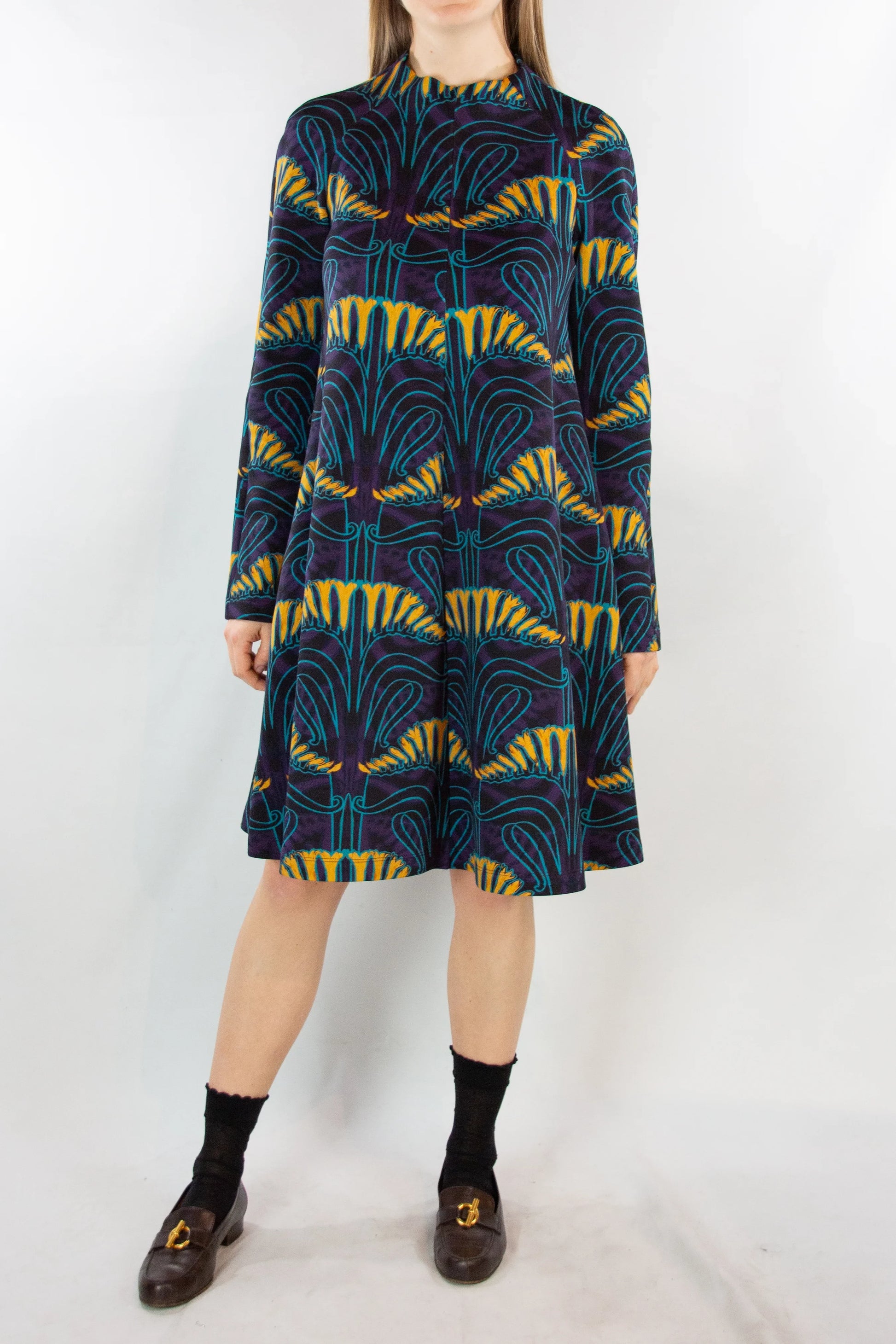 Print Cotton Jersey Dress with Turtleneck and Long Sleeves