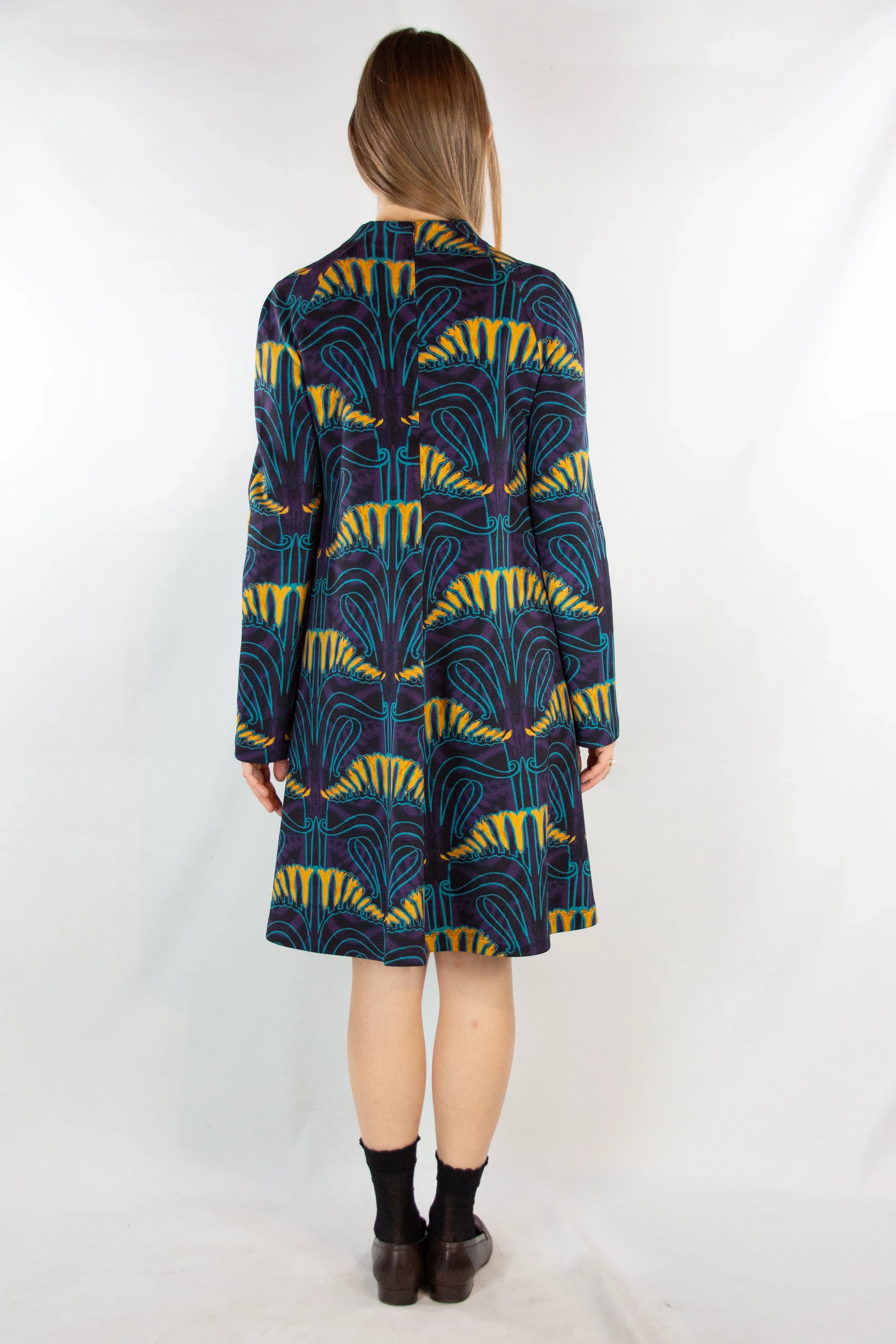 Print Cotton Jersey Dress with Turtleneck and Long Sleeves