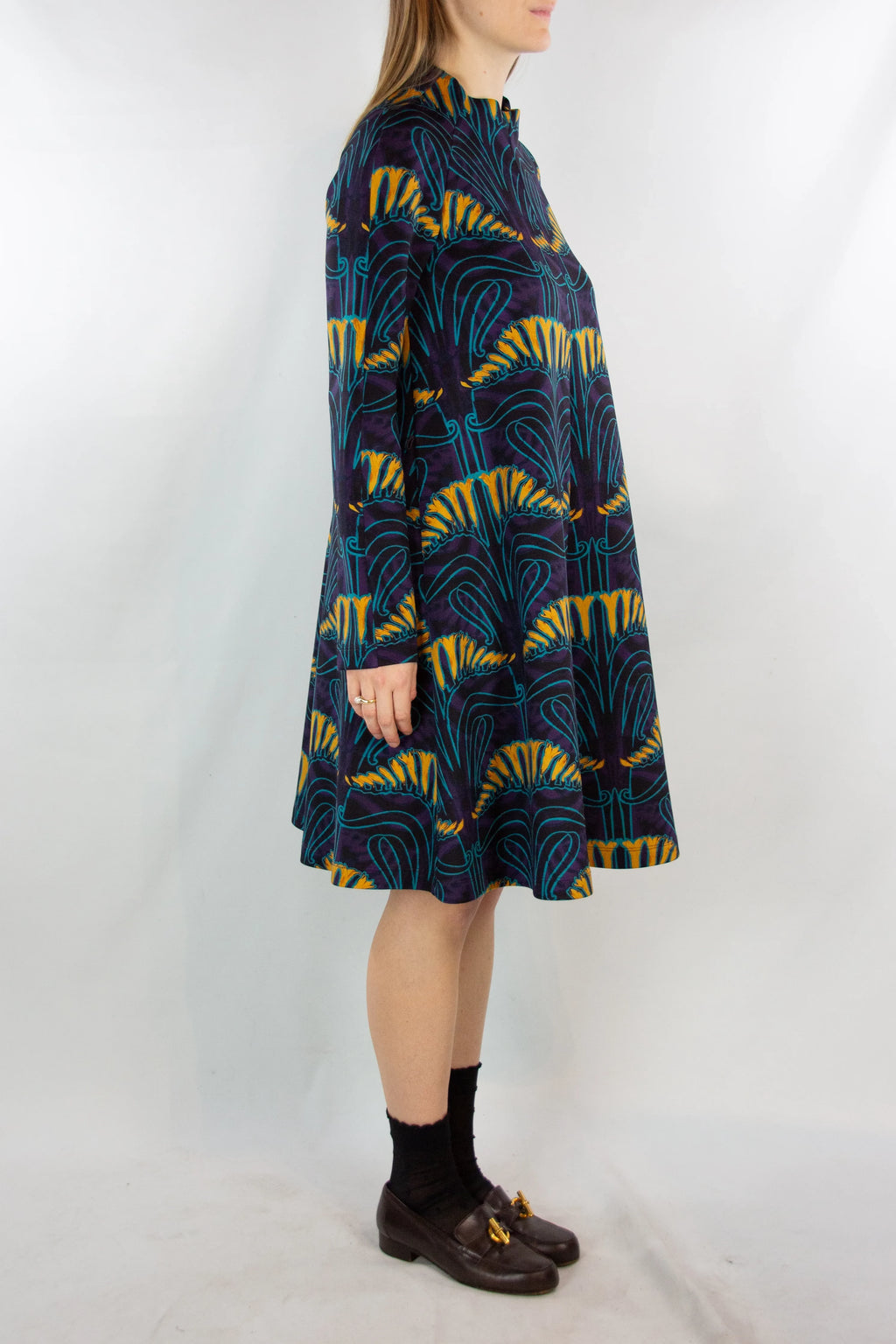Print Cotton Jersey Dress with Turtleneck and Long Sleeves