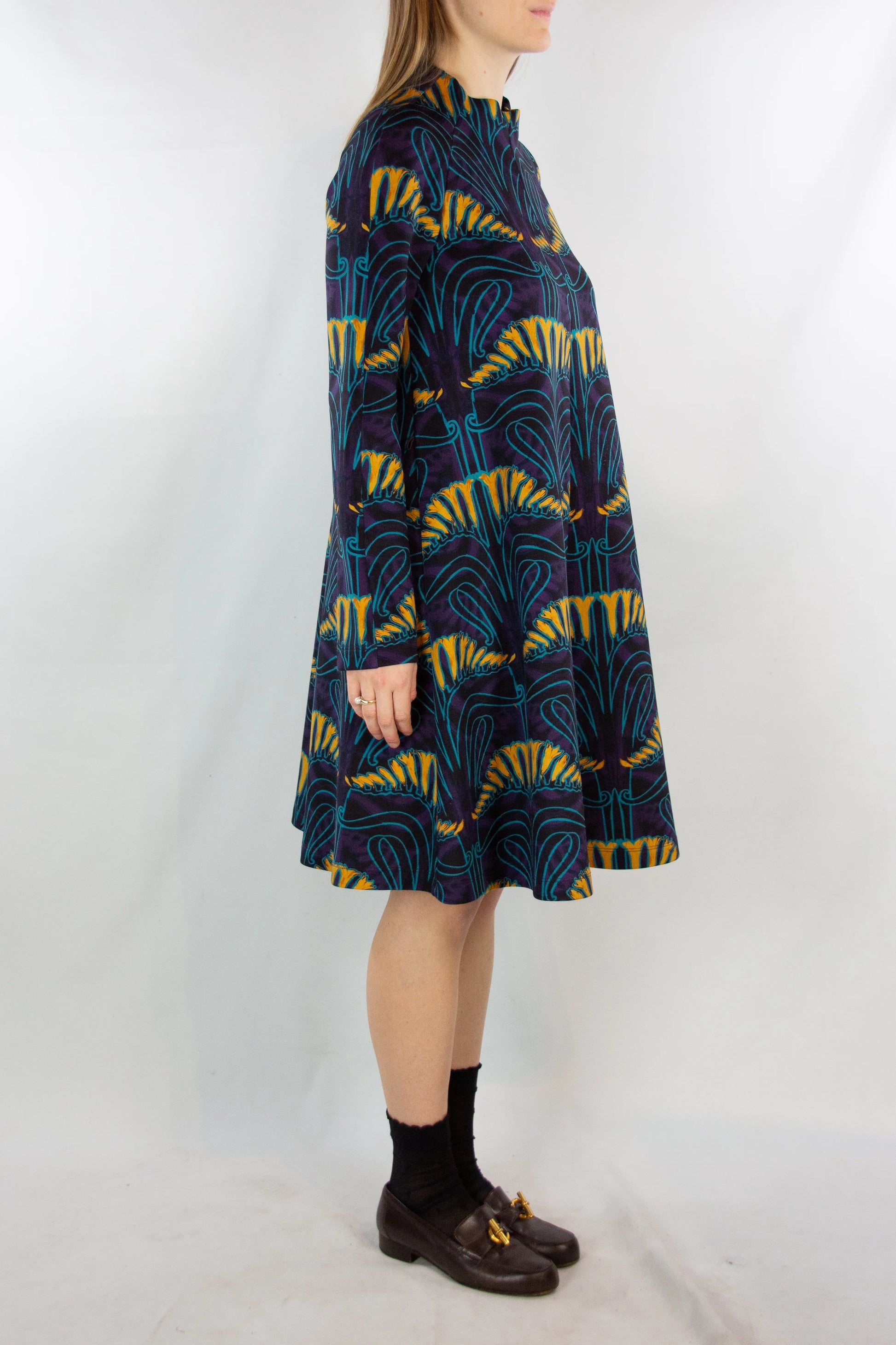 Print Cotton Jersey Dress with Turtleneck and Long Sleeves