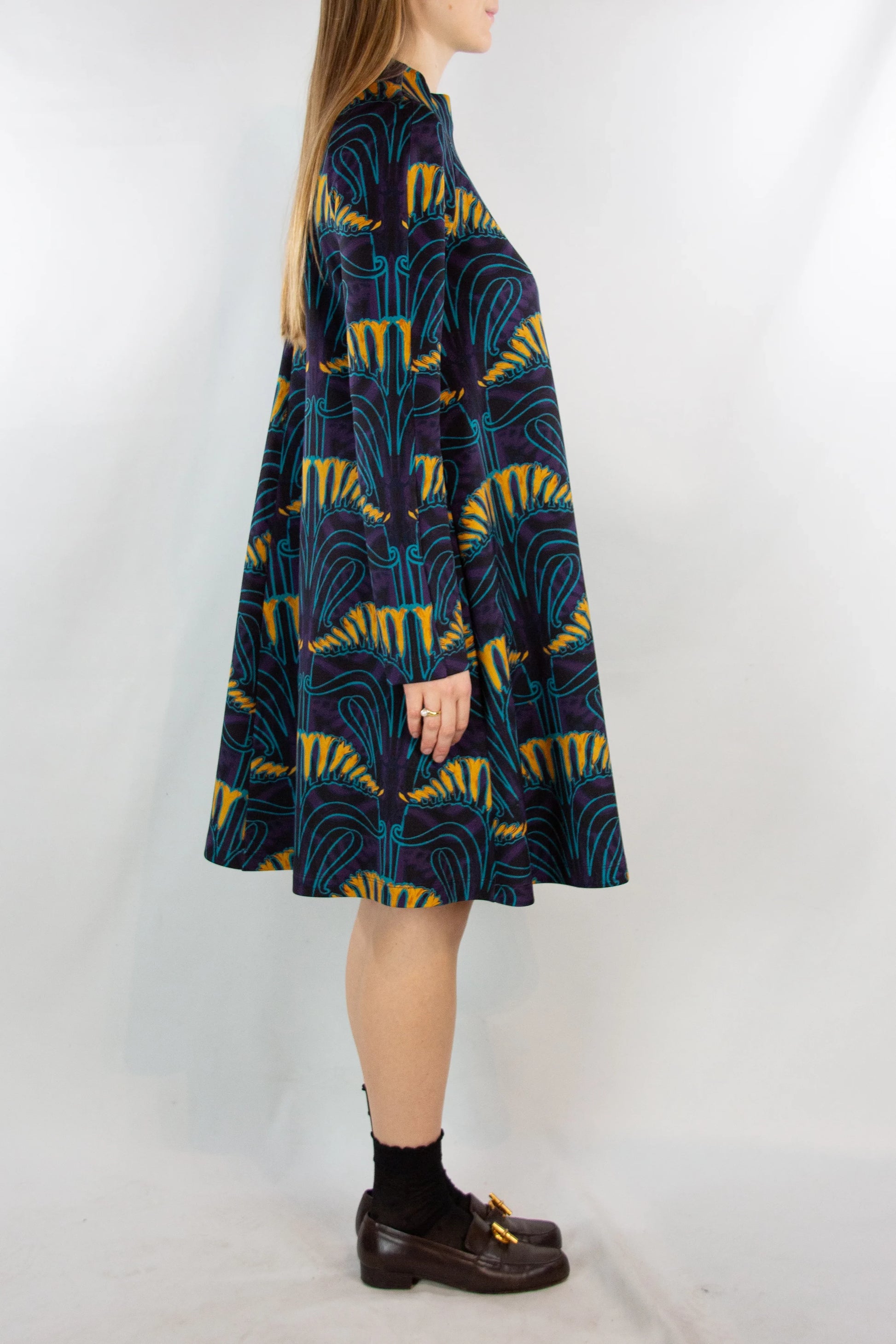 Print Cotton Jersey Dress with Turtleneck and Long Sleeves
