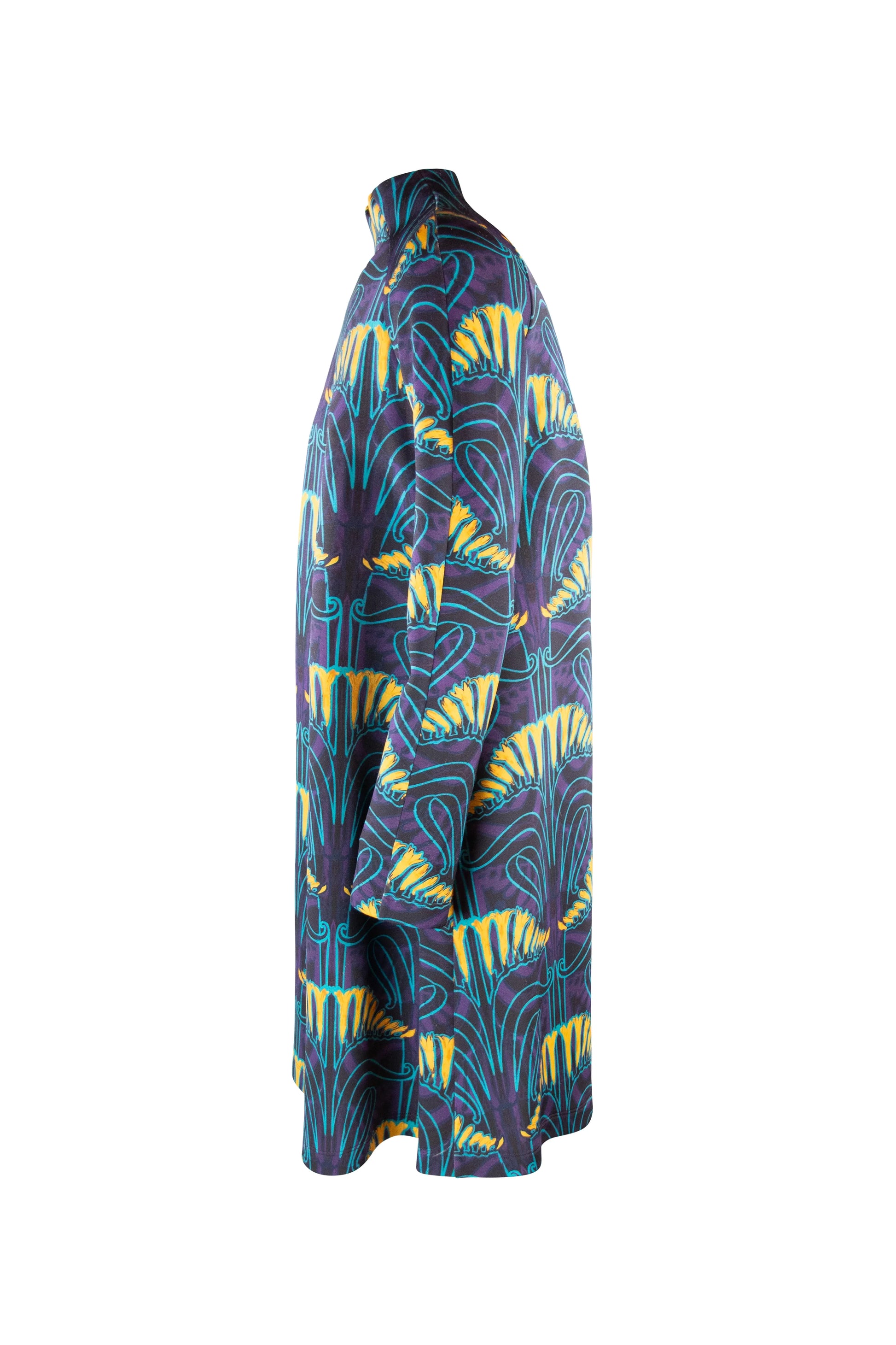 Print Cotton Jersey Dress with Turtleneck and Long Sleeves