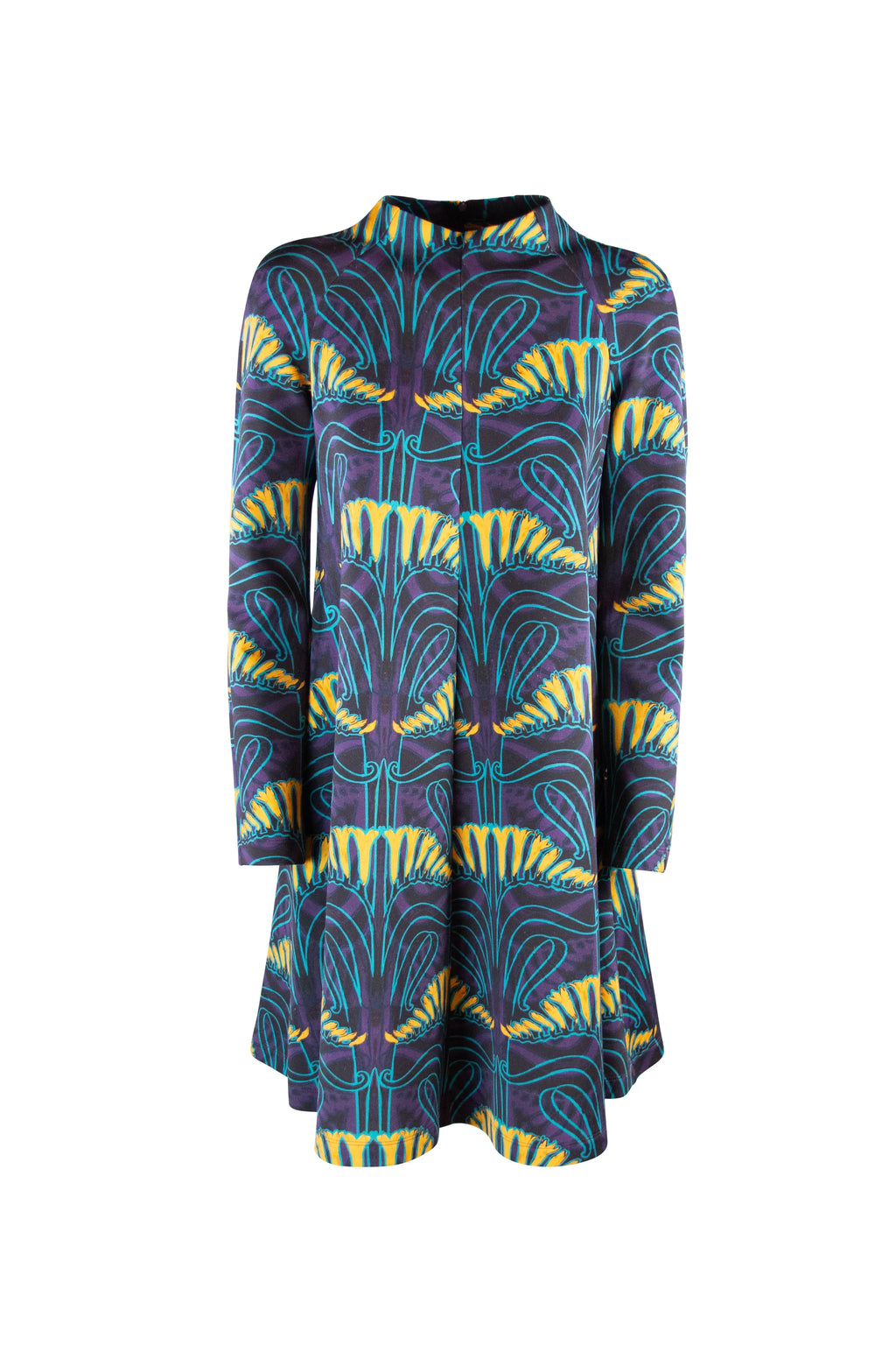 Print Cotton Jersey Dress with Turtleneck and Long Sleeves