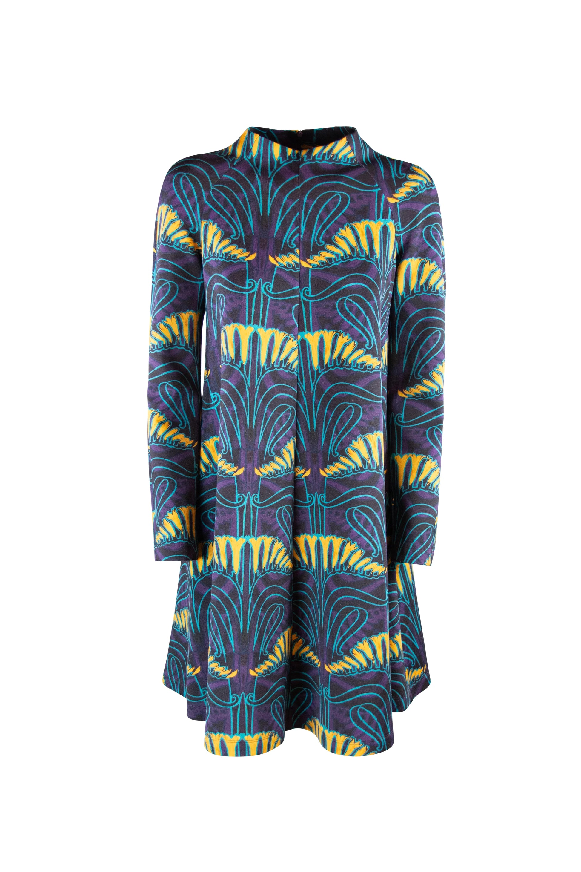 Print Cotton Jersey Dress with Turtleneck and Long Sleeves