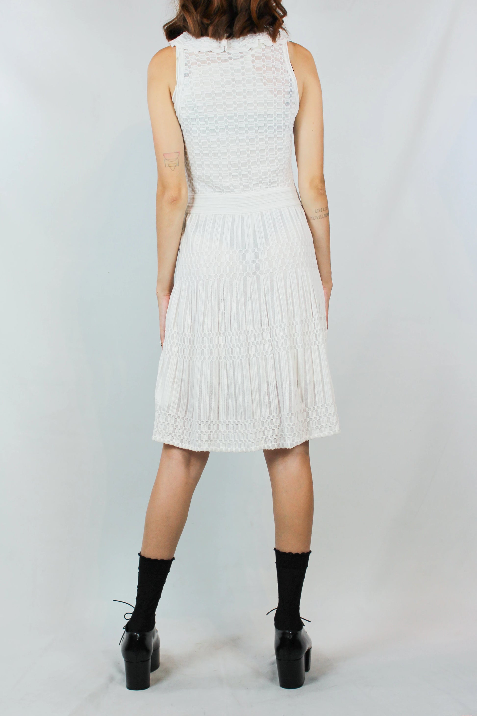 White Sleeveless Knit Dress with Ruched Collar and A-Line Skirt