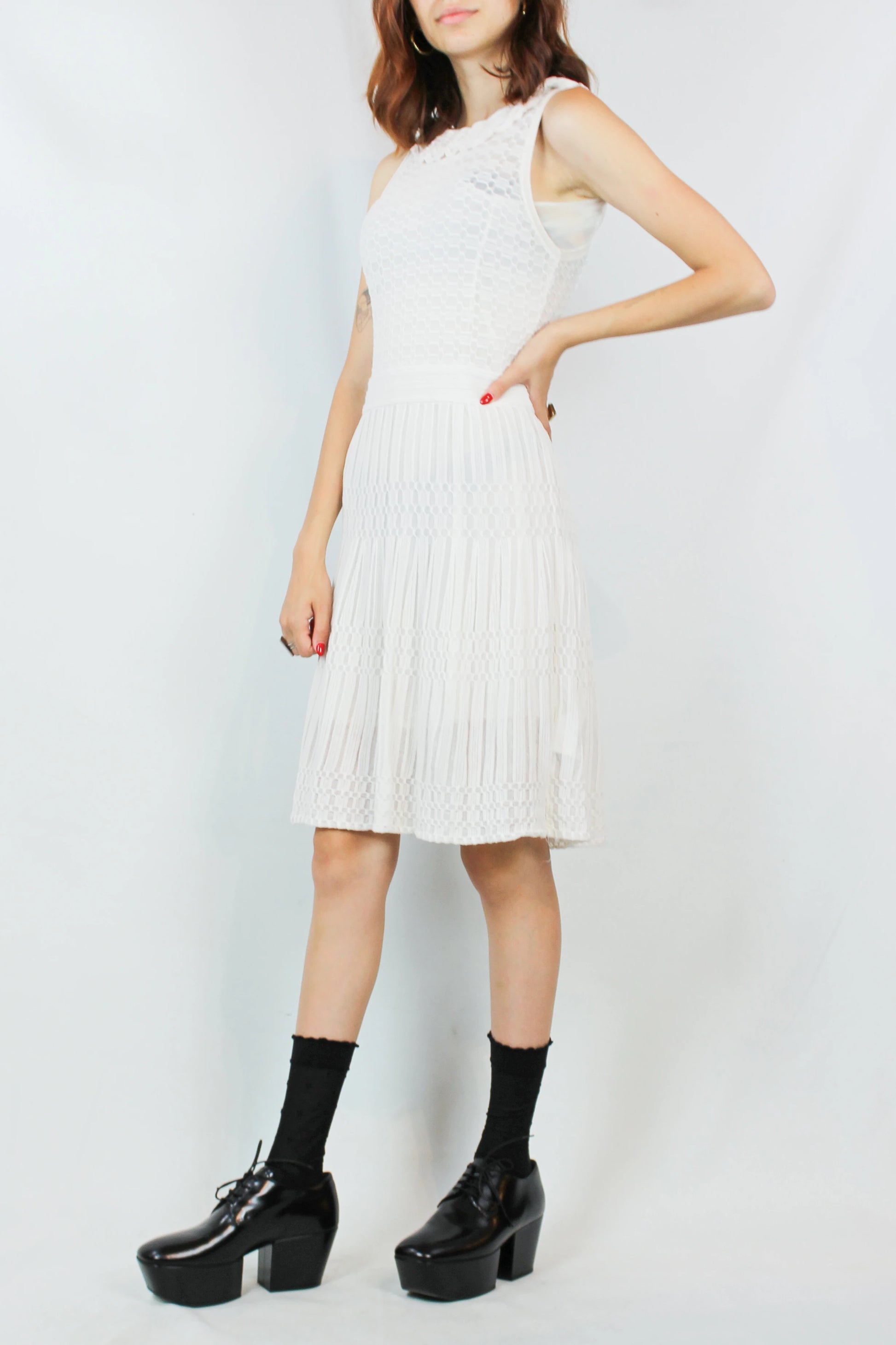 White Sleeveless Knit Dress with Ruched Collar and A-Line Skirt