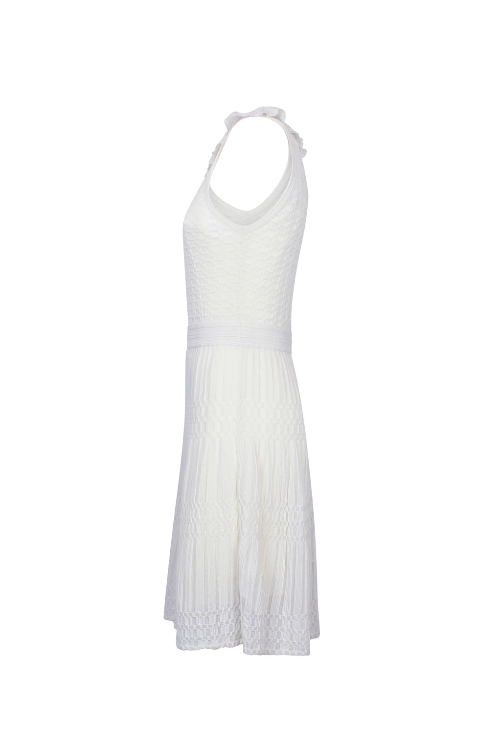 White Sleeveless Knit Dress with Ruched Collar and A-Line Skirt