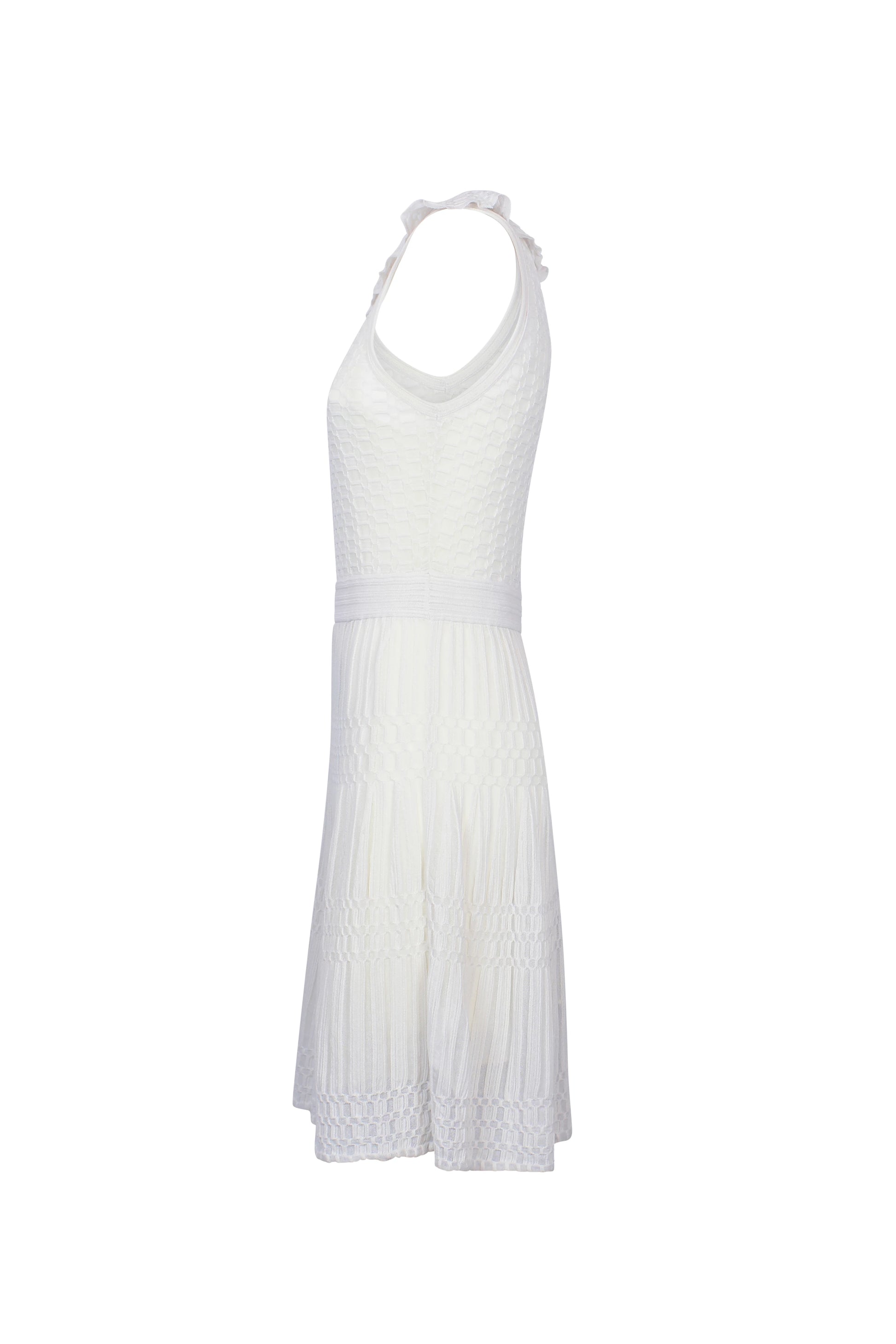 White Sleeveless Knit Dress with Ruched Collar and A-Line Skirt