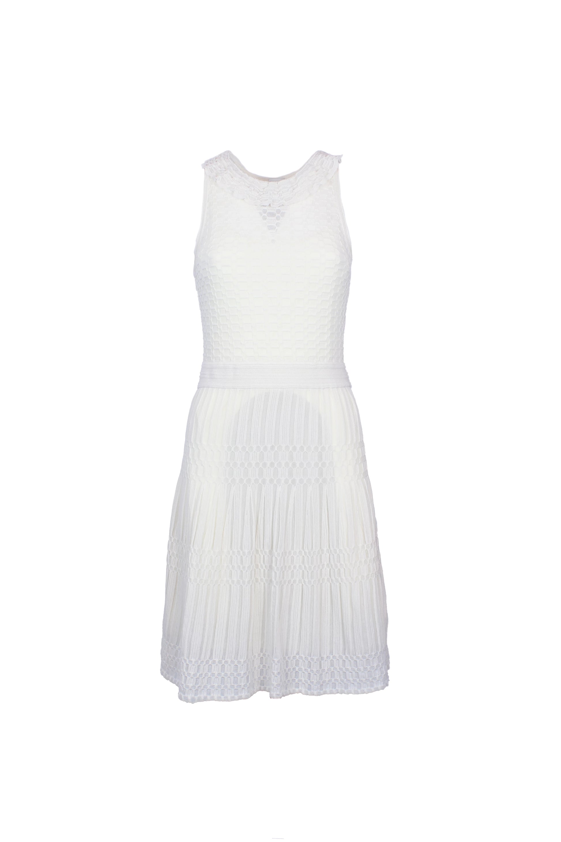 White Sleeveless Knit Dress with Ruched Collar and A-Line Skirt