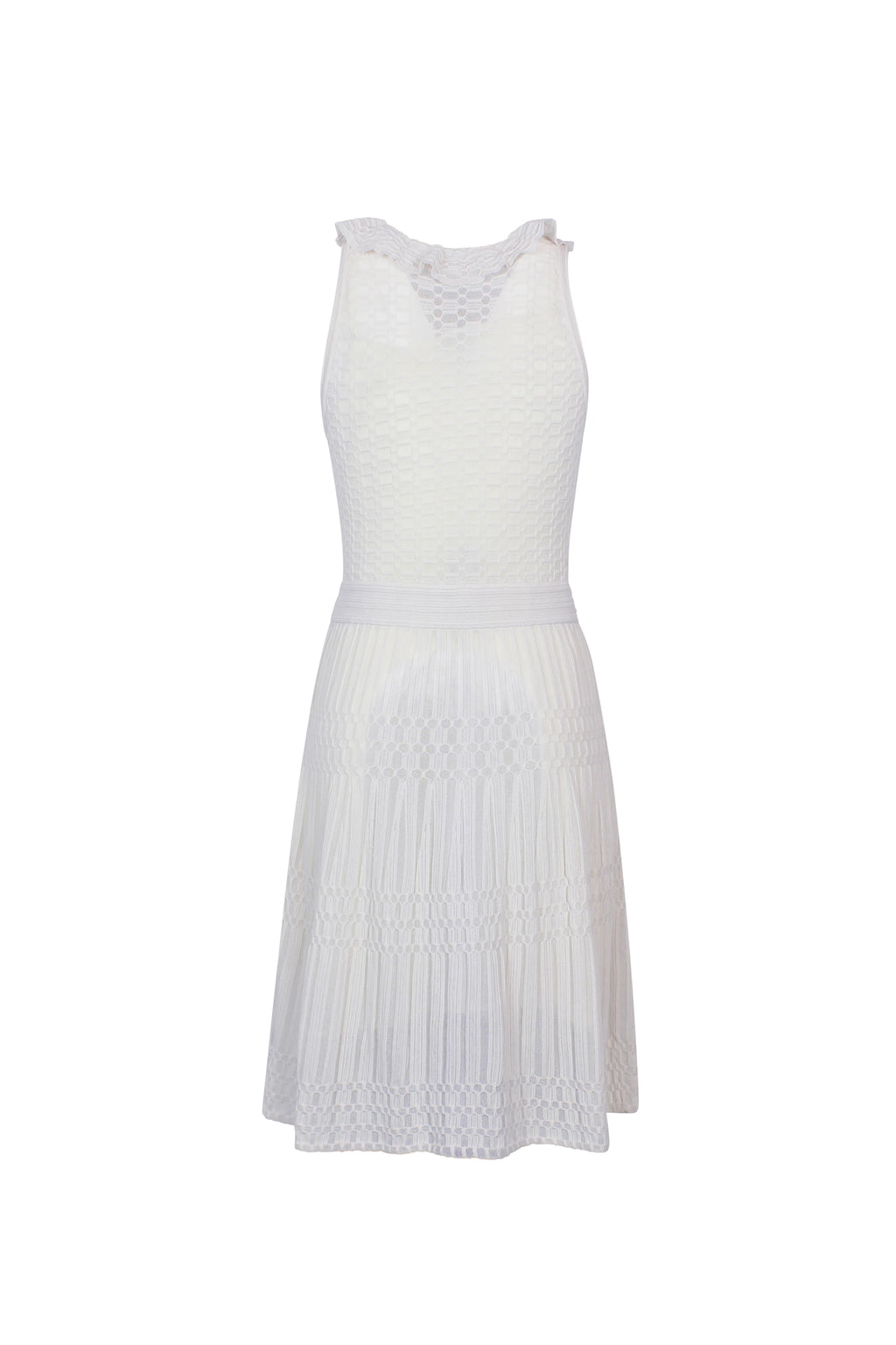 White Sleeveless Knit Dress with Ruched Collar and A-Line Skirt