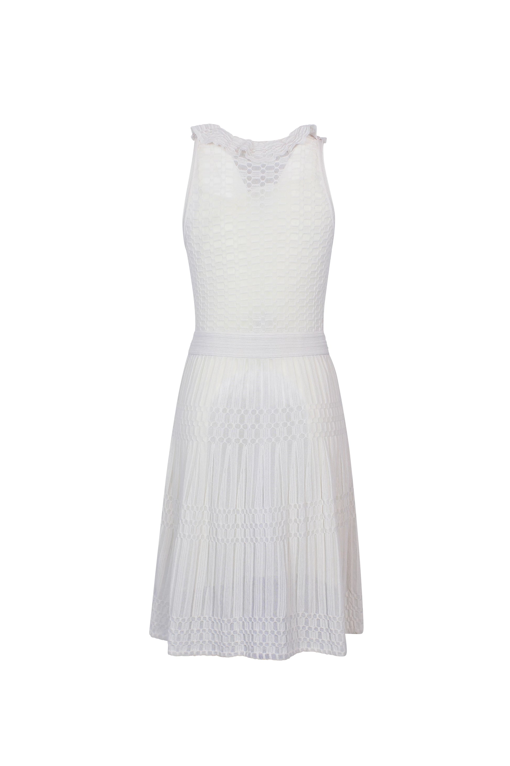 White Sleeveless Knit Dress with Ruched Collar and A-Line Skirt