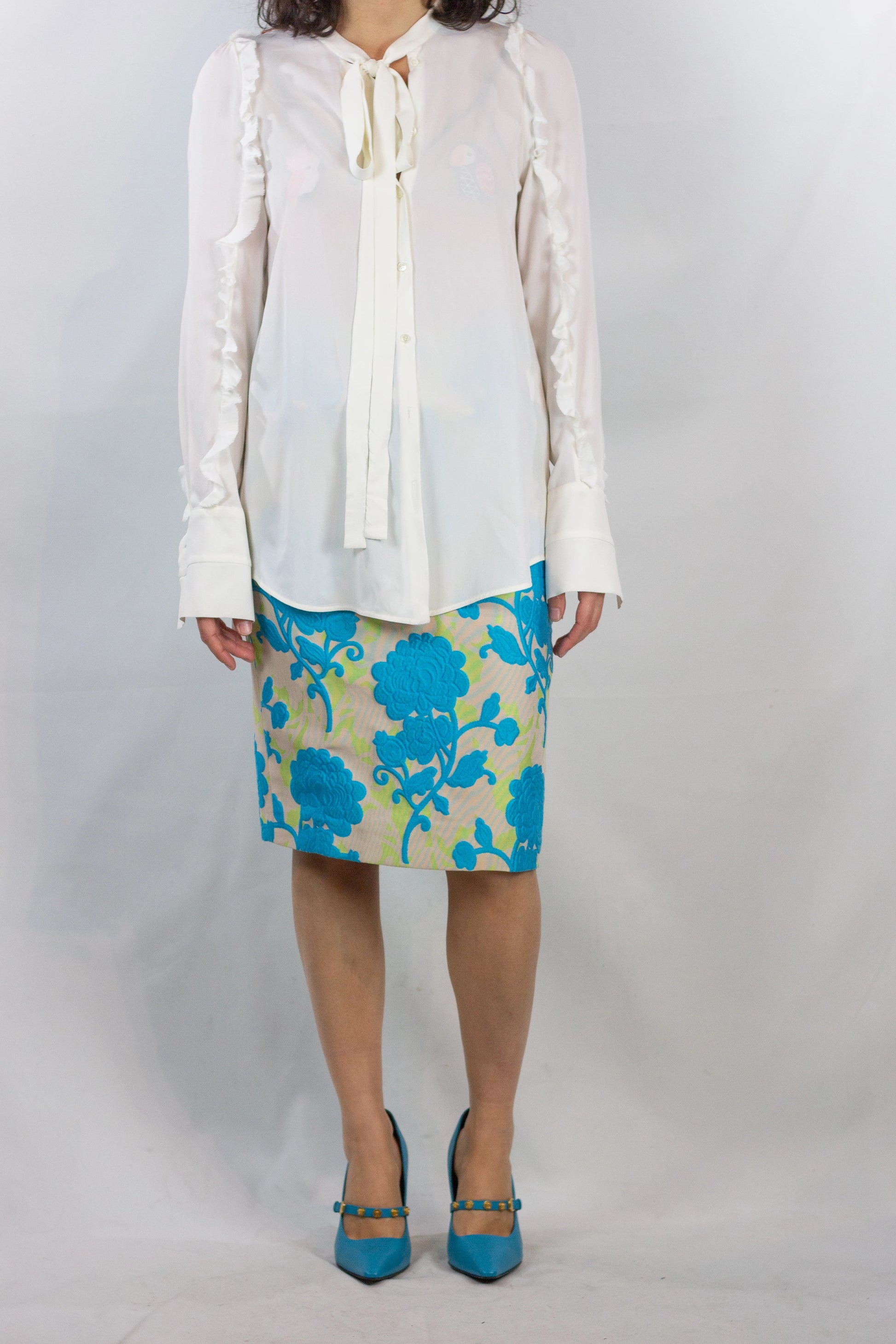 Pencil Skirt with Turquoise Floral Motif SS2015