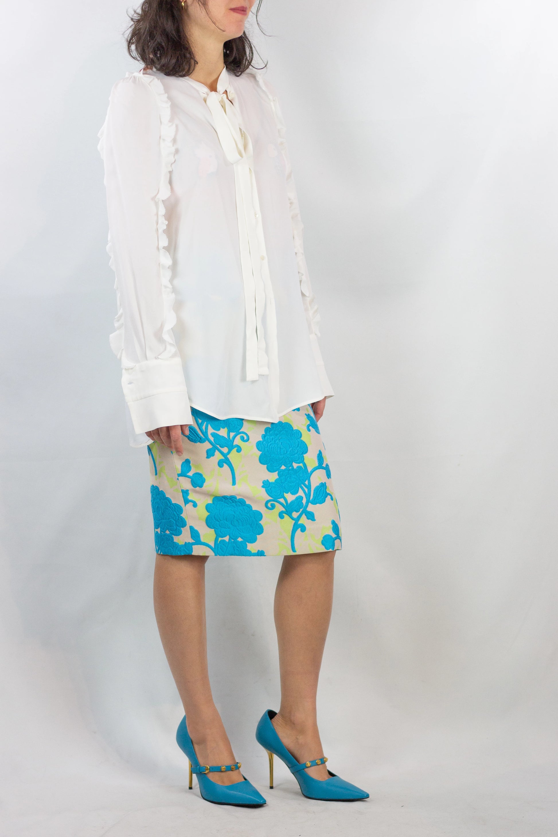Pencil Skirt with Turquoise Floral Motif SS2015