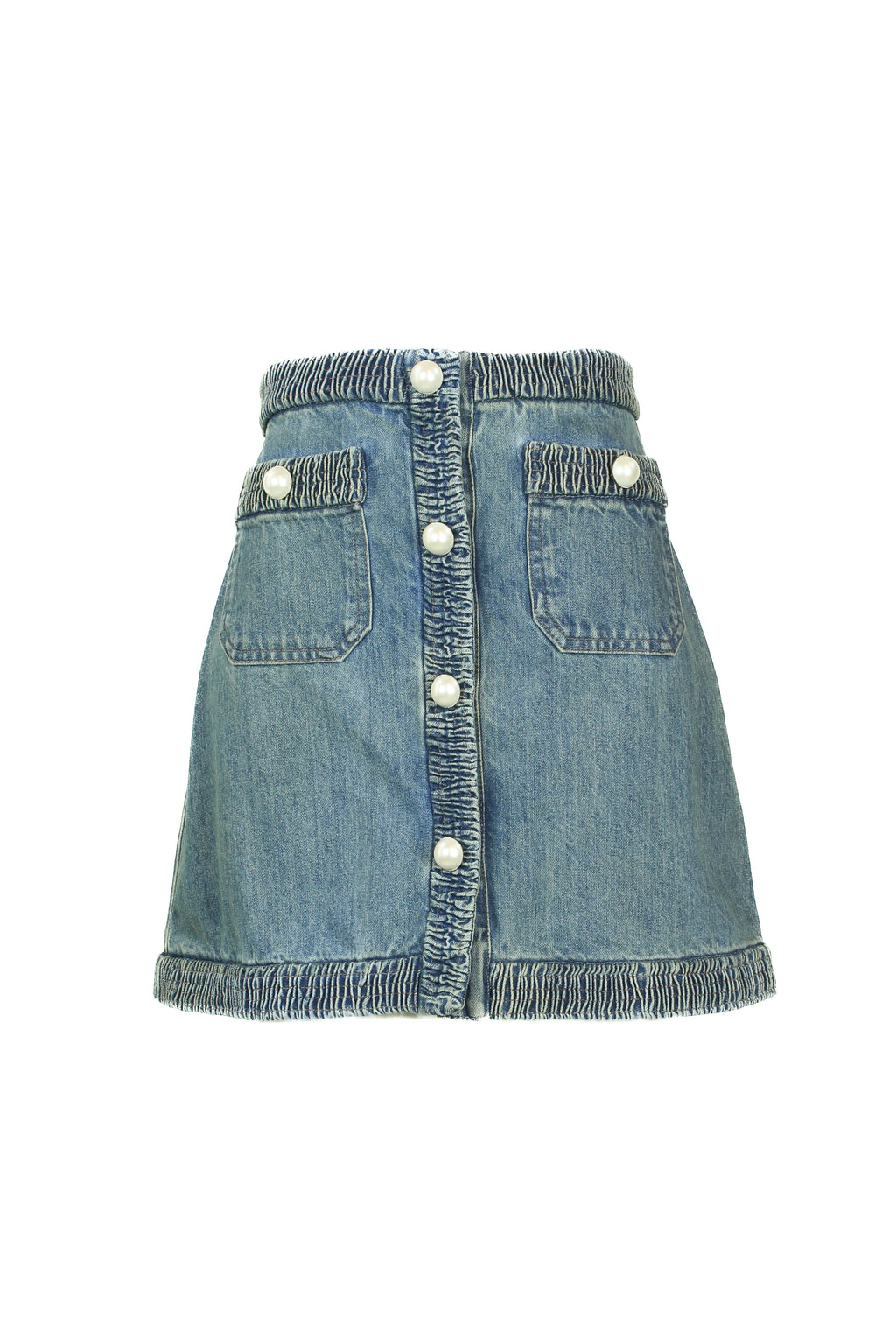 Denim mini skirt with pearl logo buttons