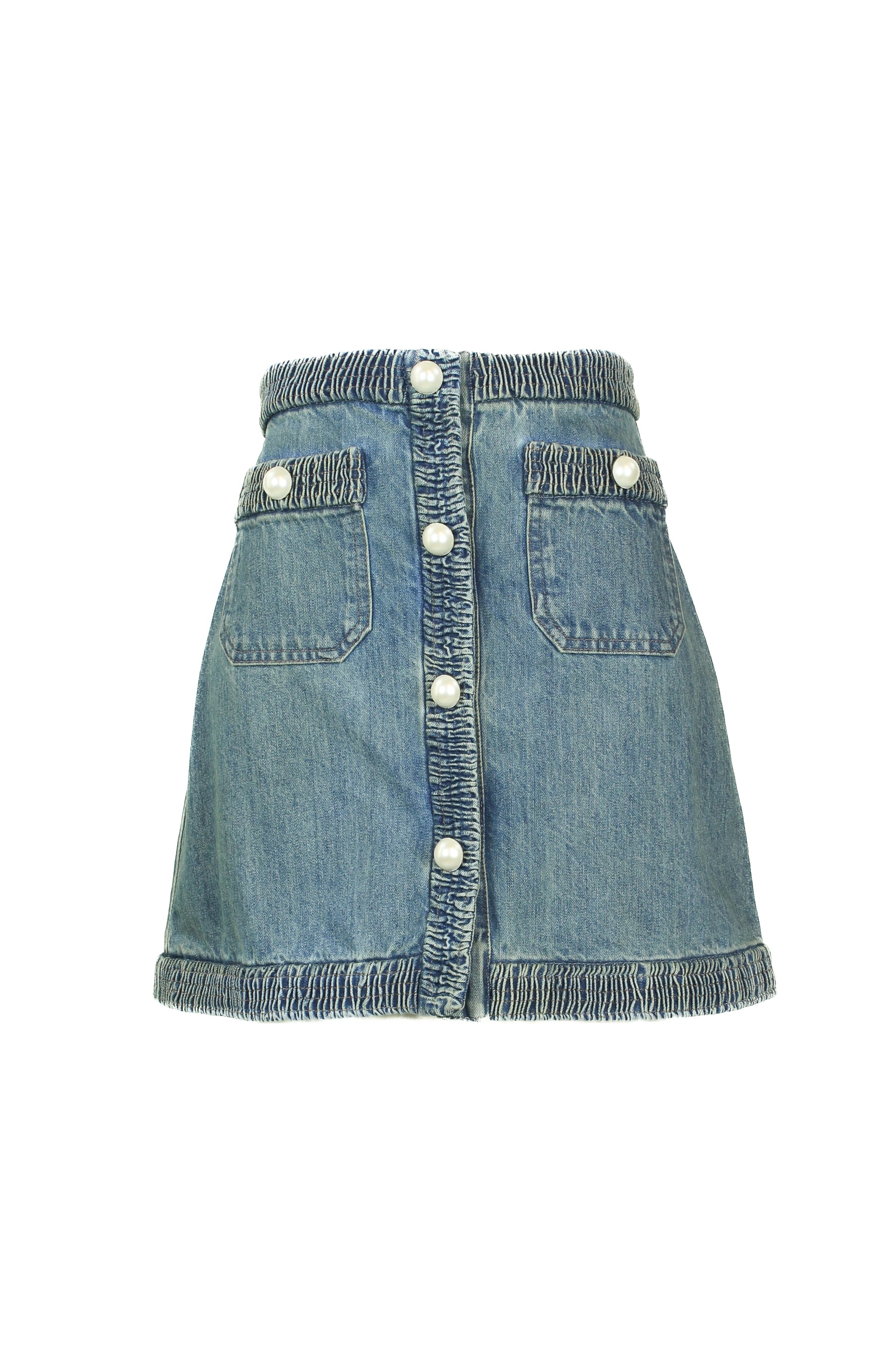 Denim mini skirt with pearl logo buttons