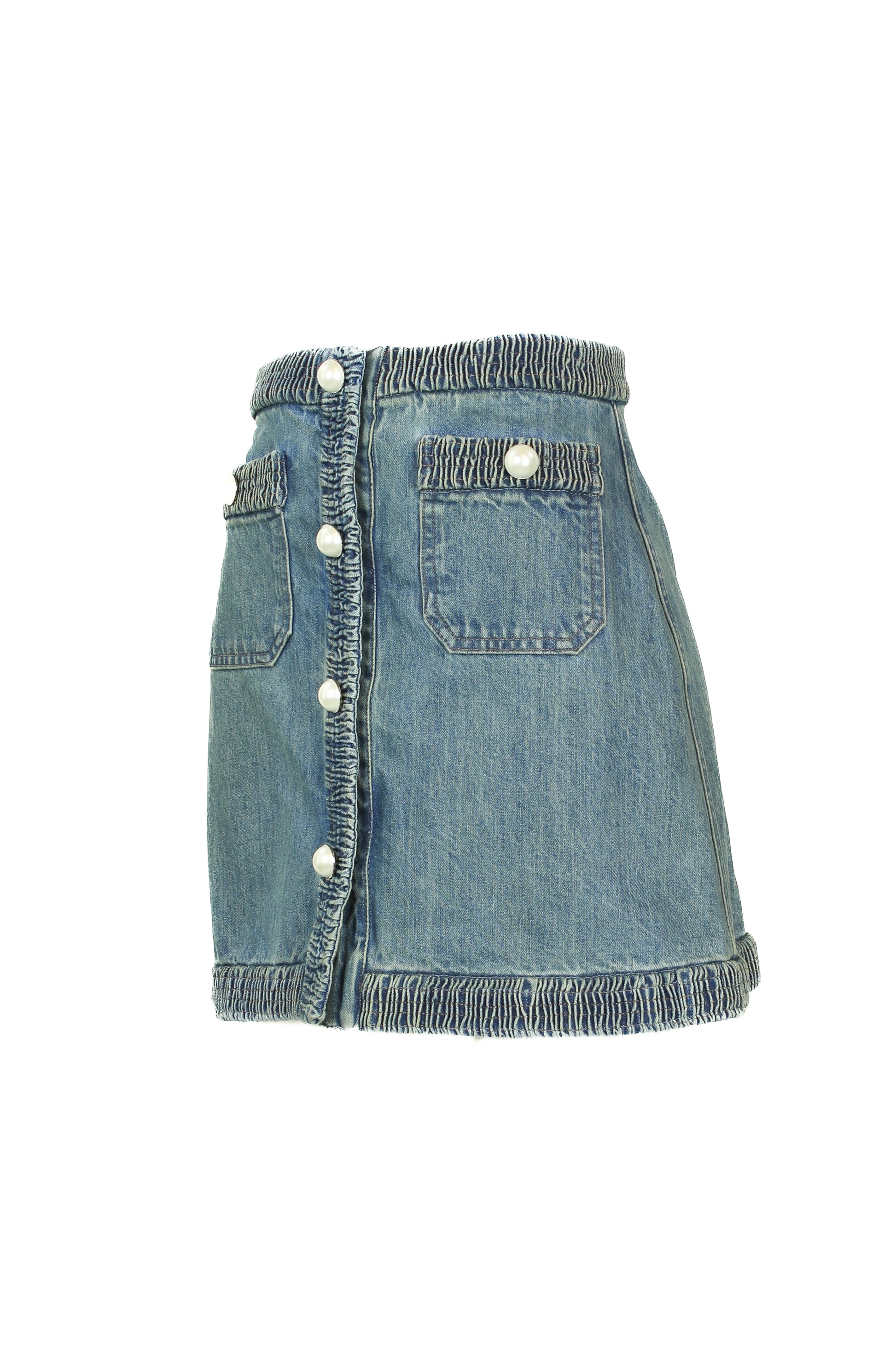 Denim mini skirt with pearl logo buttons