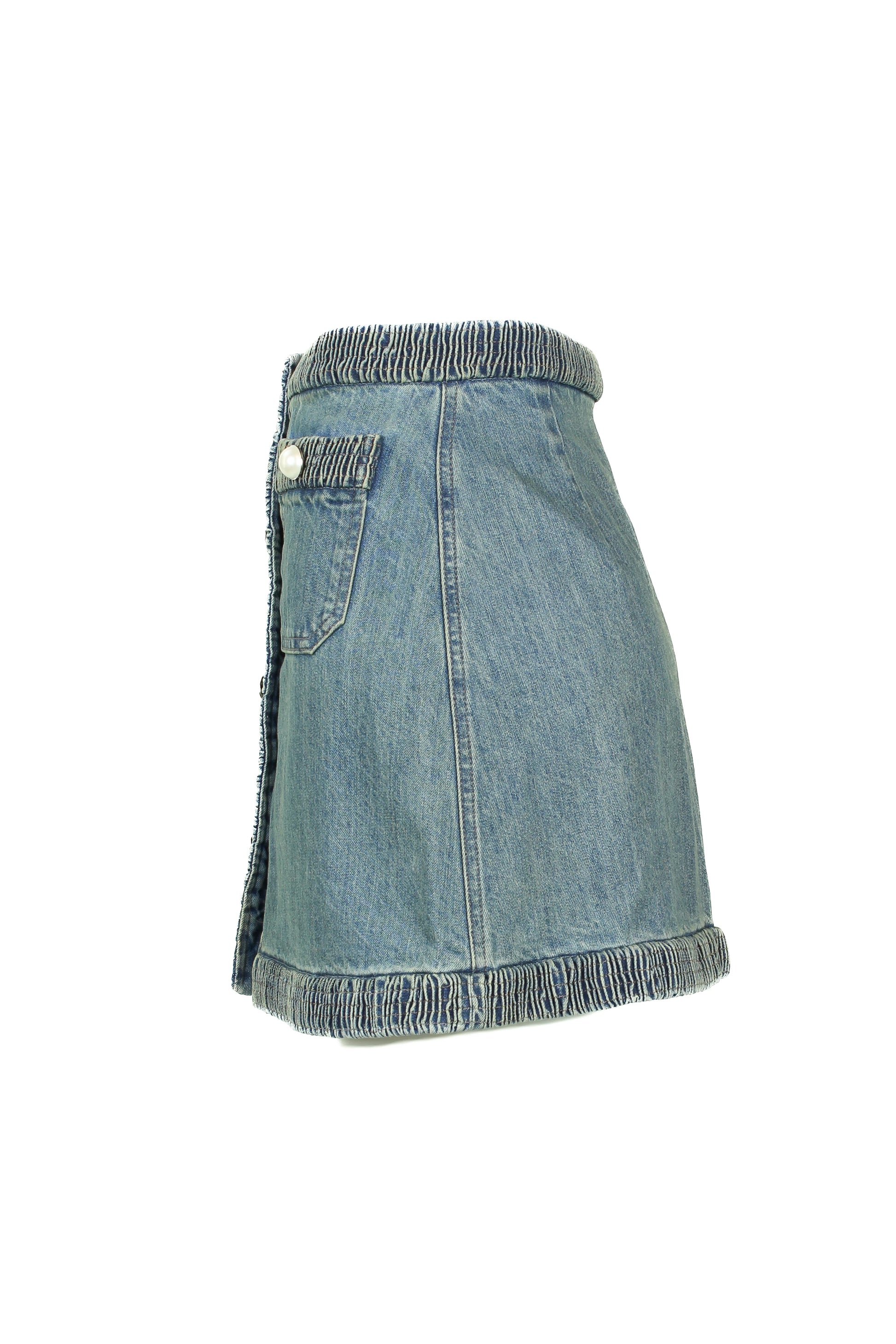 Denim mini skirt with pearl logo buttons