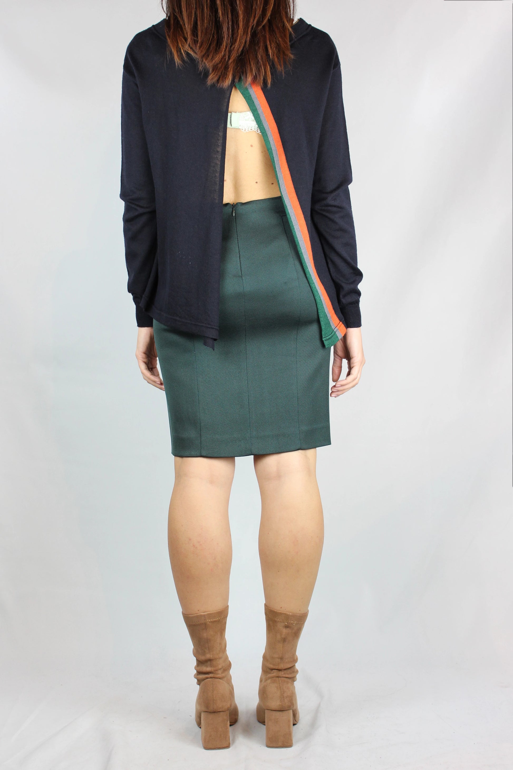 Green silk pencil skirt with striped texture