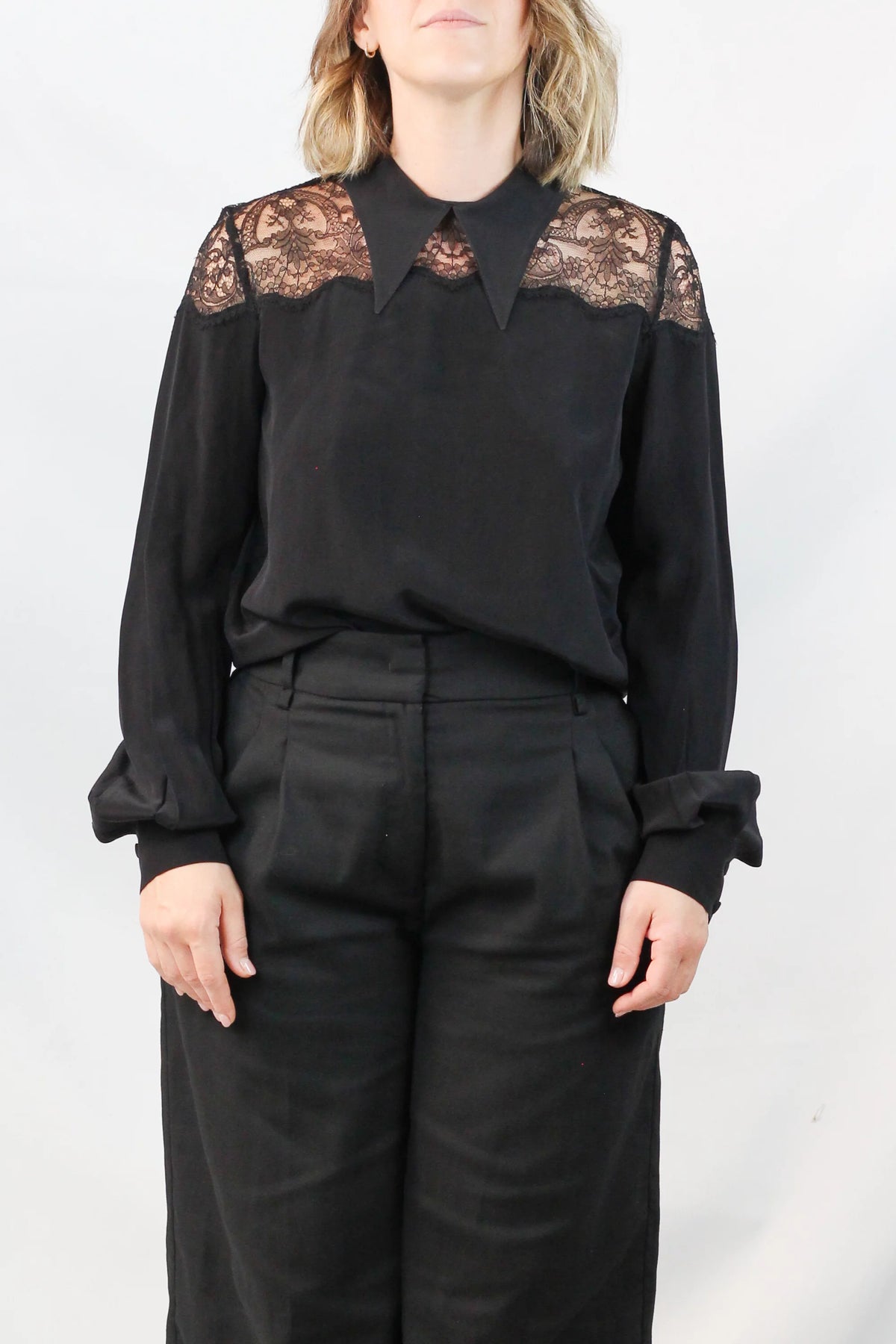 Silk Lace-Inset Oversized Blouse in Black