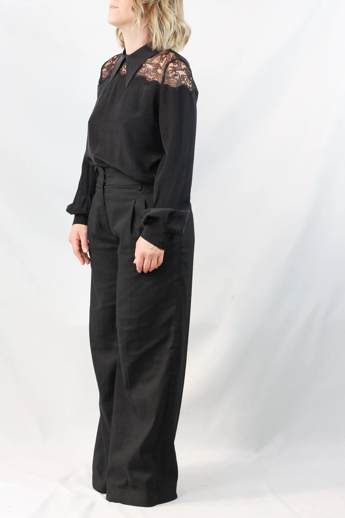Silk Lace-Inset Oversized Blouse in Black