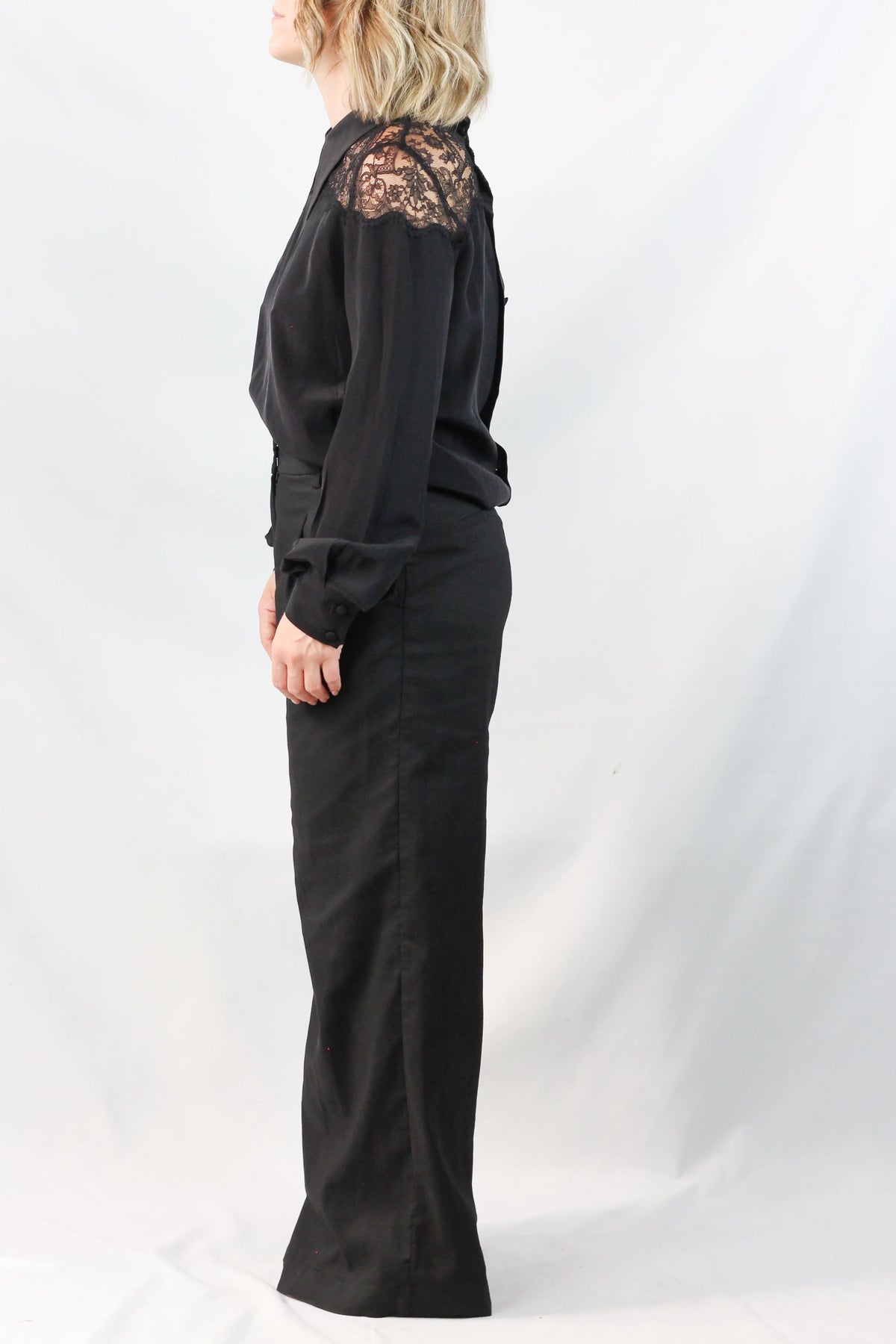 Silk Lace-Inset Oversized Blouse in Black