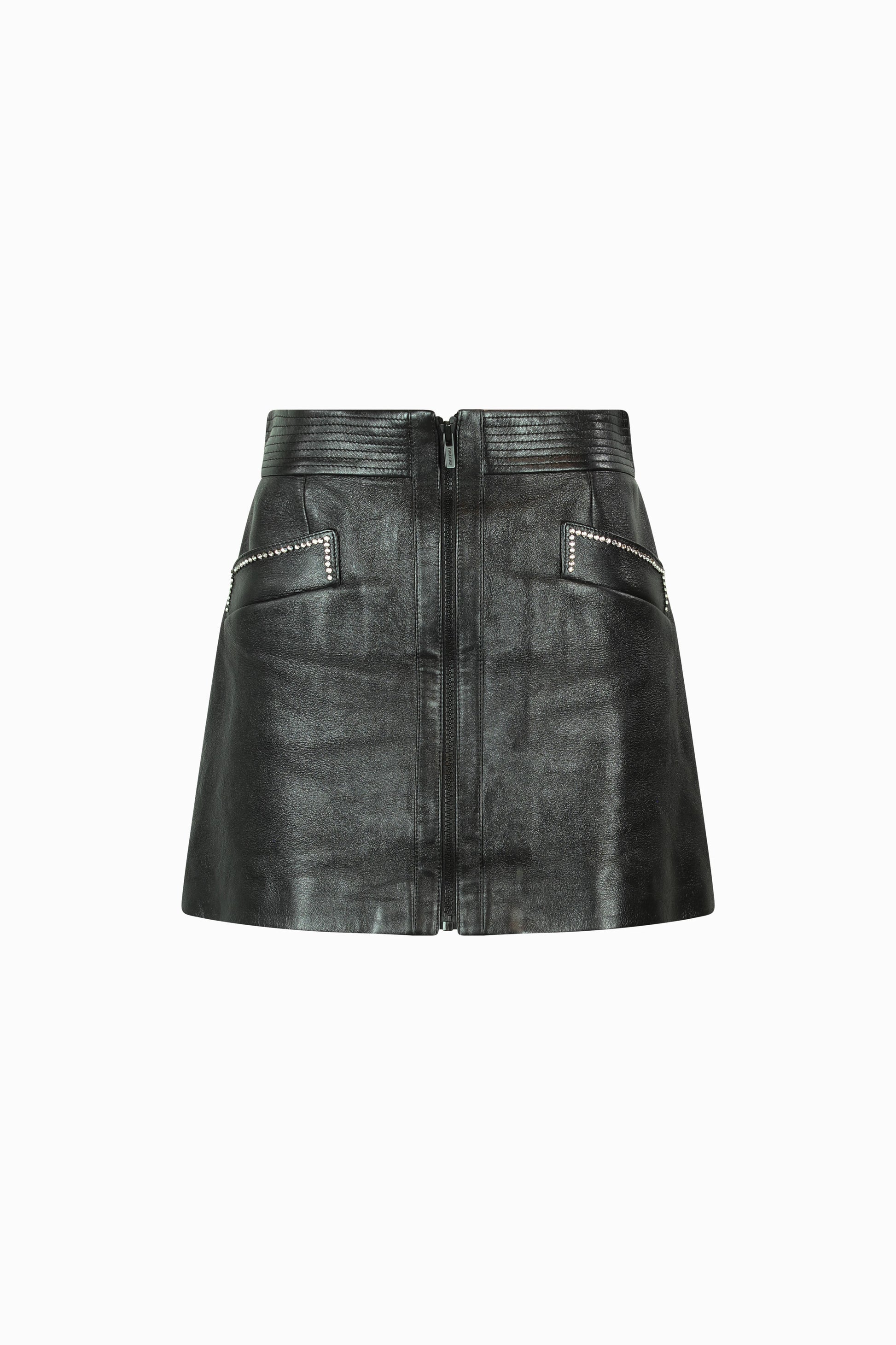 Black lambskin mini skirt with strass details