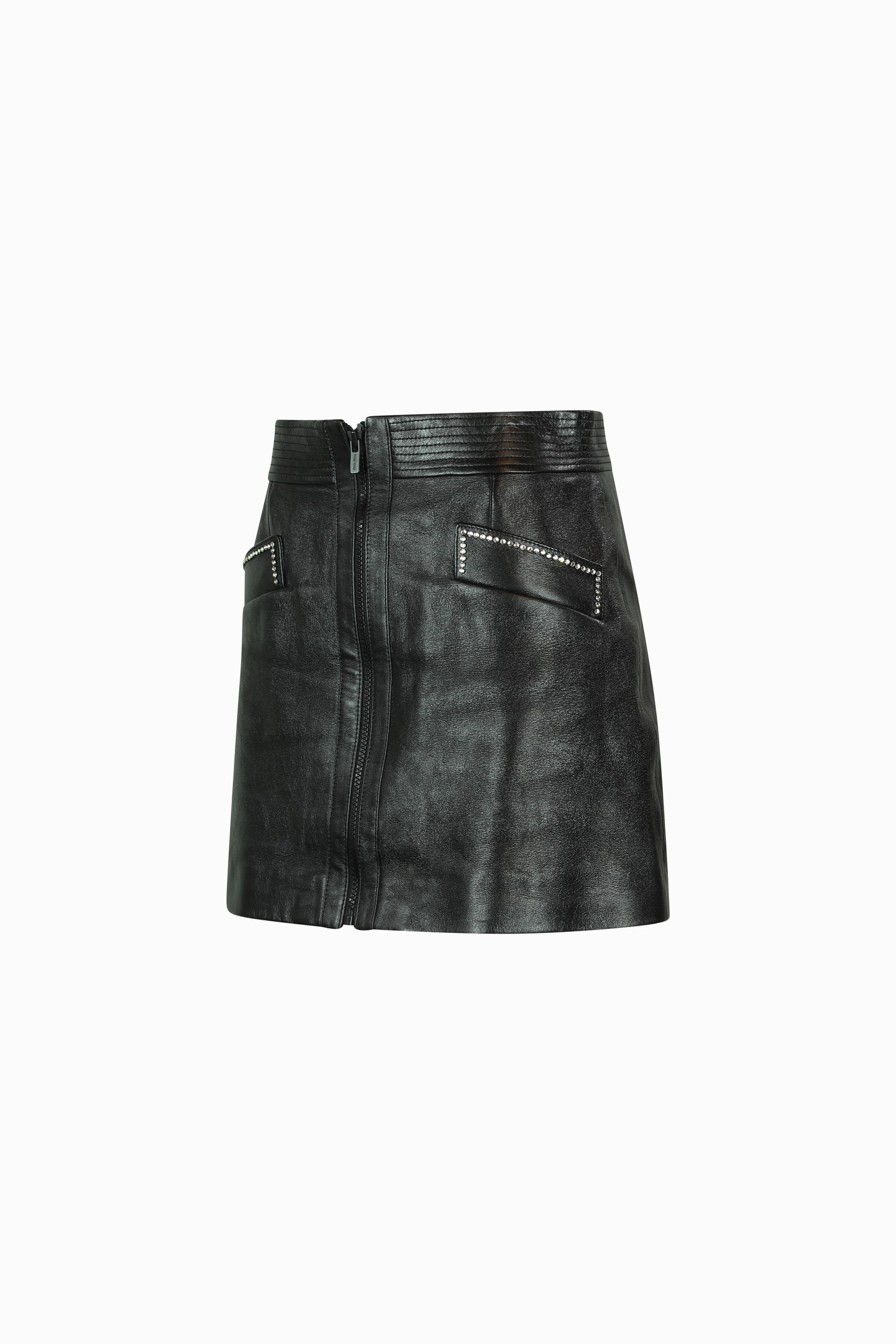 Black lambskin mini skirt with strass details