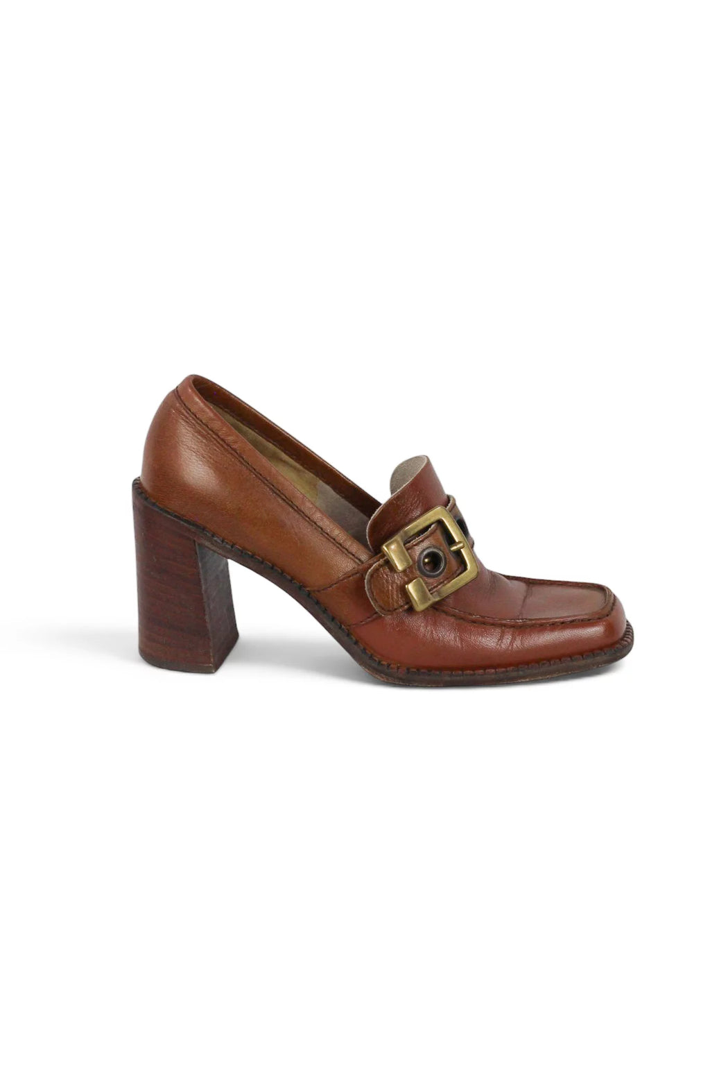 Brown Leather Buckle Loafer Heels
