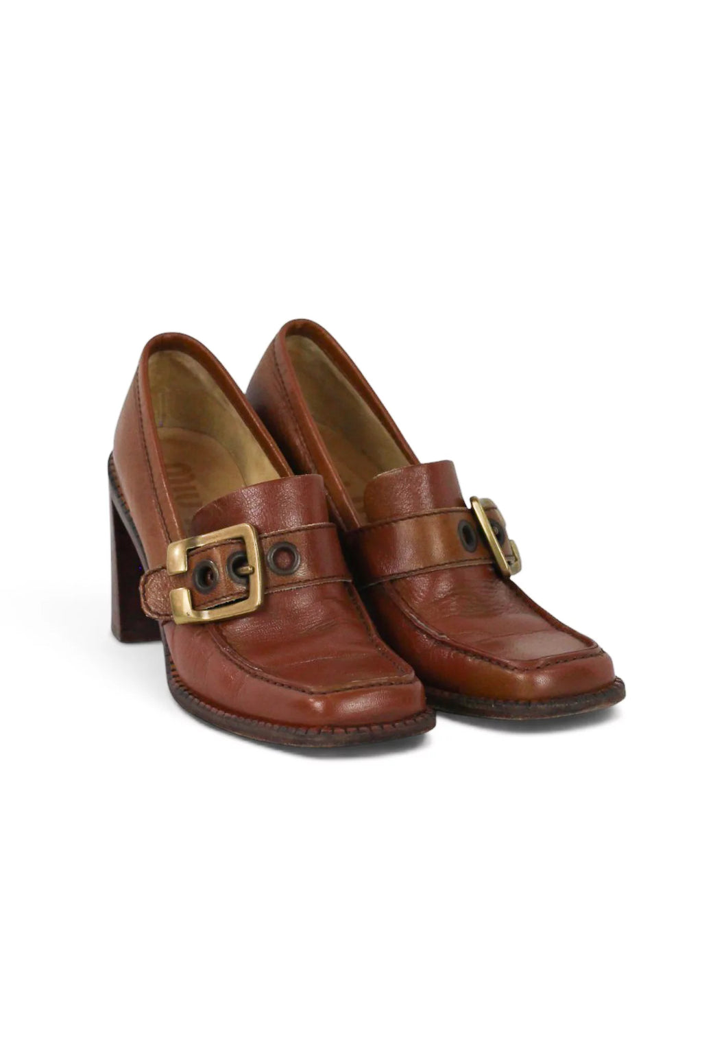 Brown Leather Buckle Loafer Heels