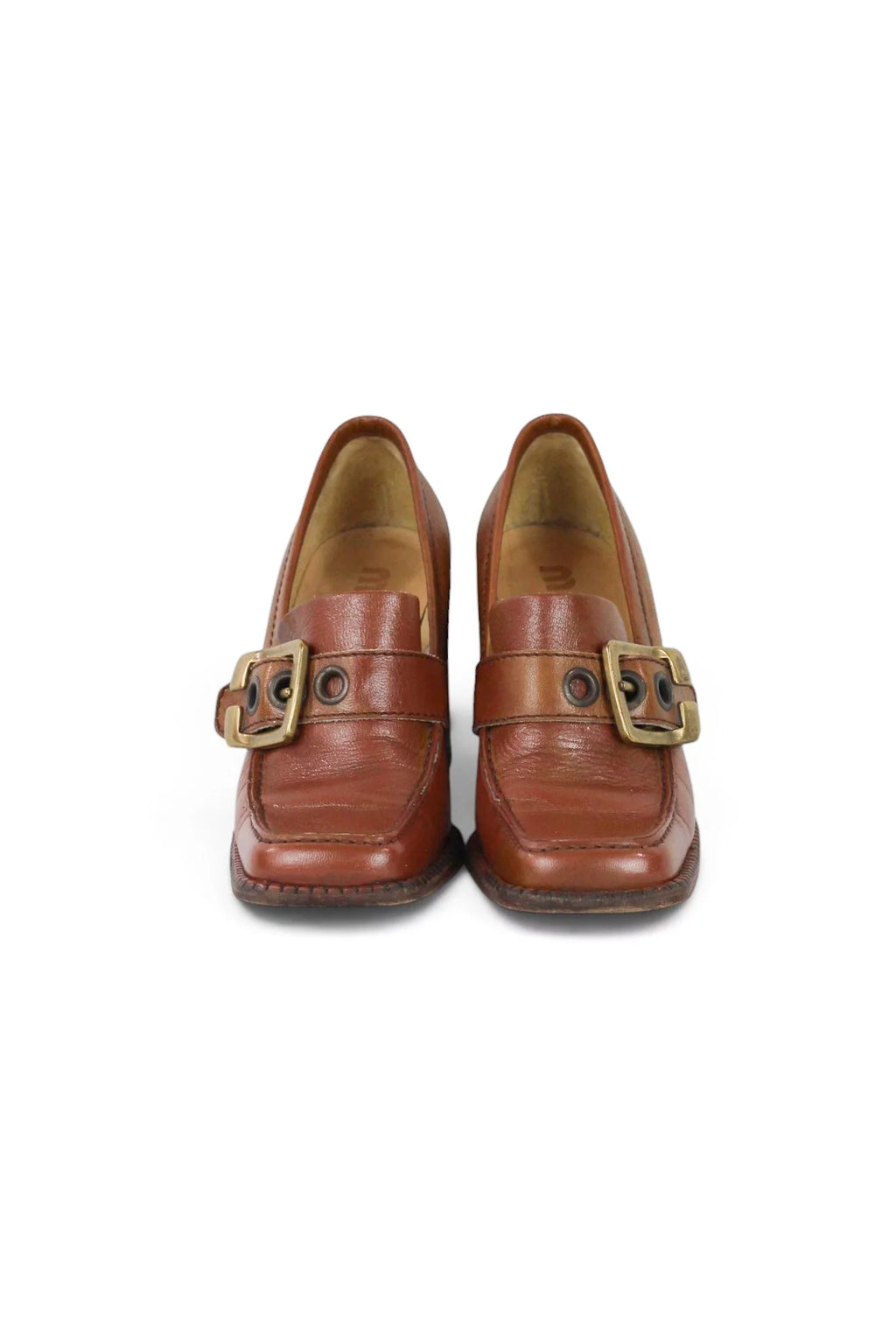 Brown Leather Buckle Loafer Heels