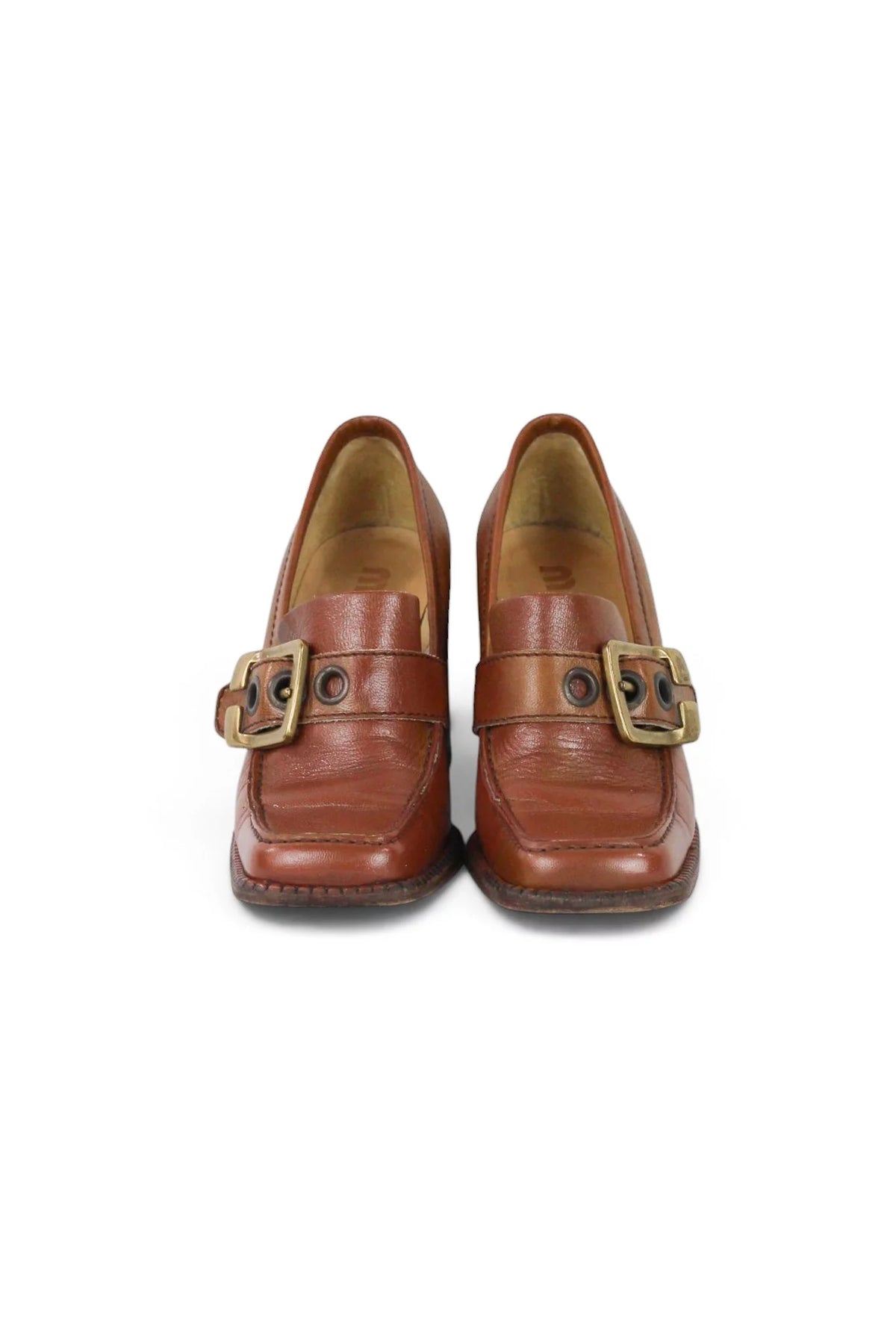 Brown Leather Buckle Loafer Heels
