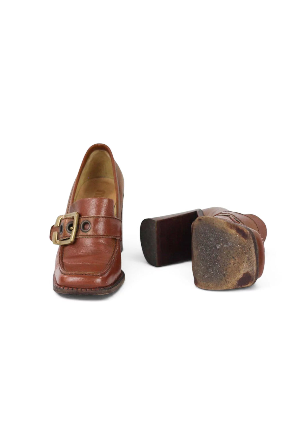 Brown Leather Buckle Loafer Heels