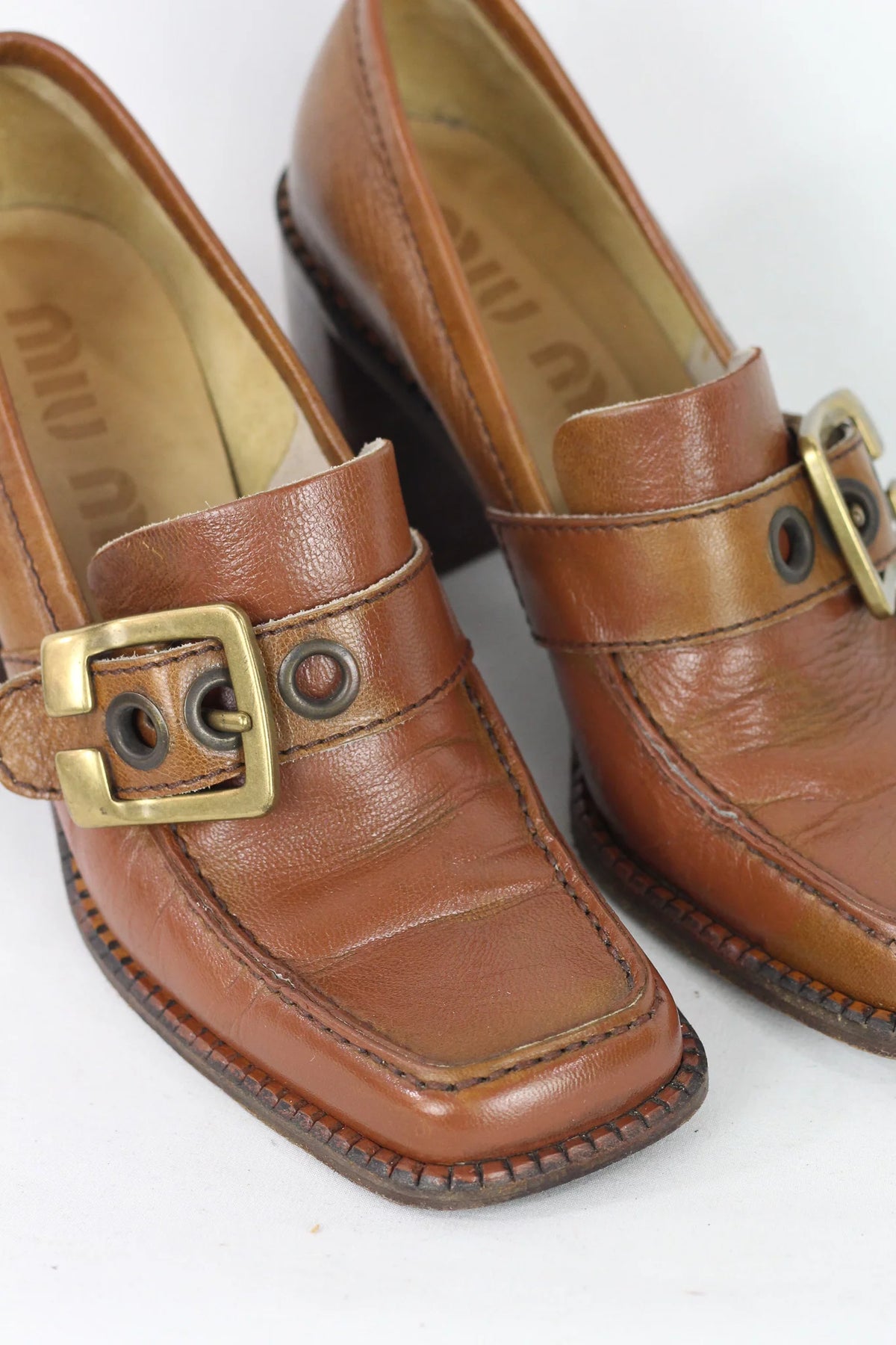 Brown Leather Buckle Loafer Heels