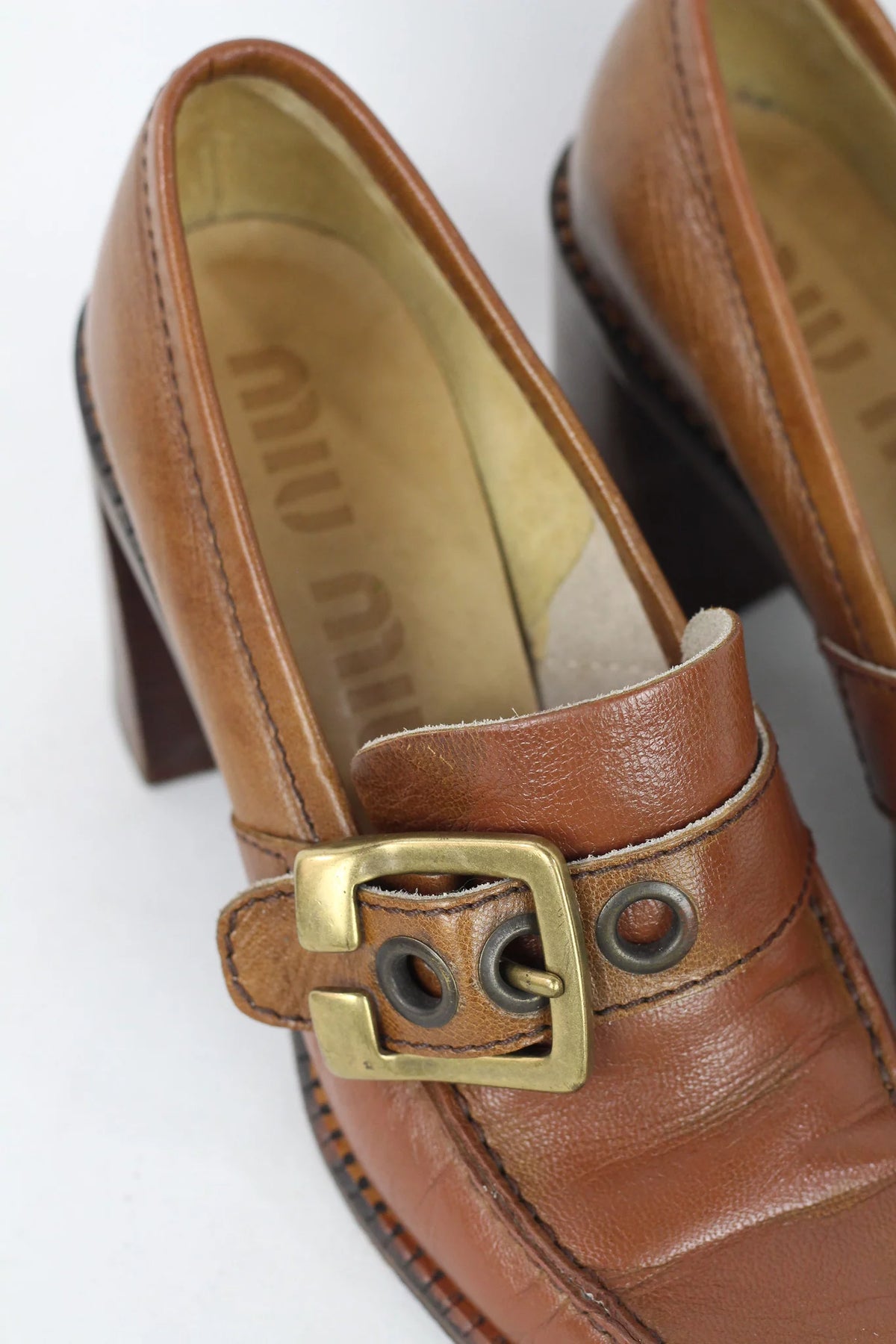Brown Leather Buckle Loafer Heels