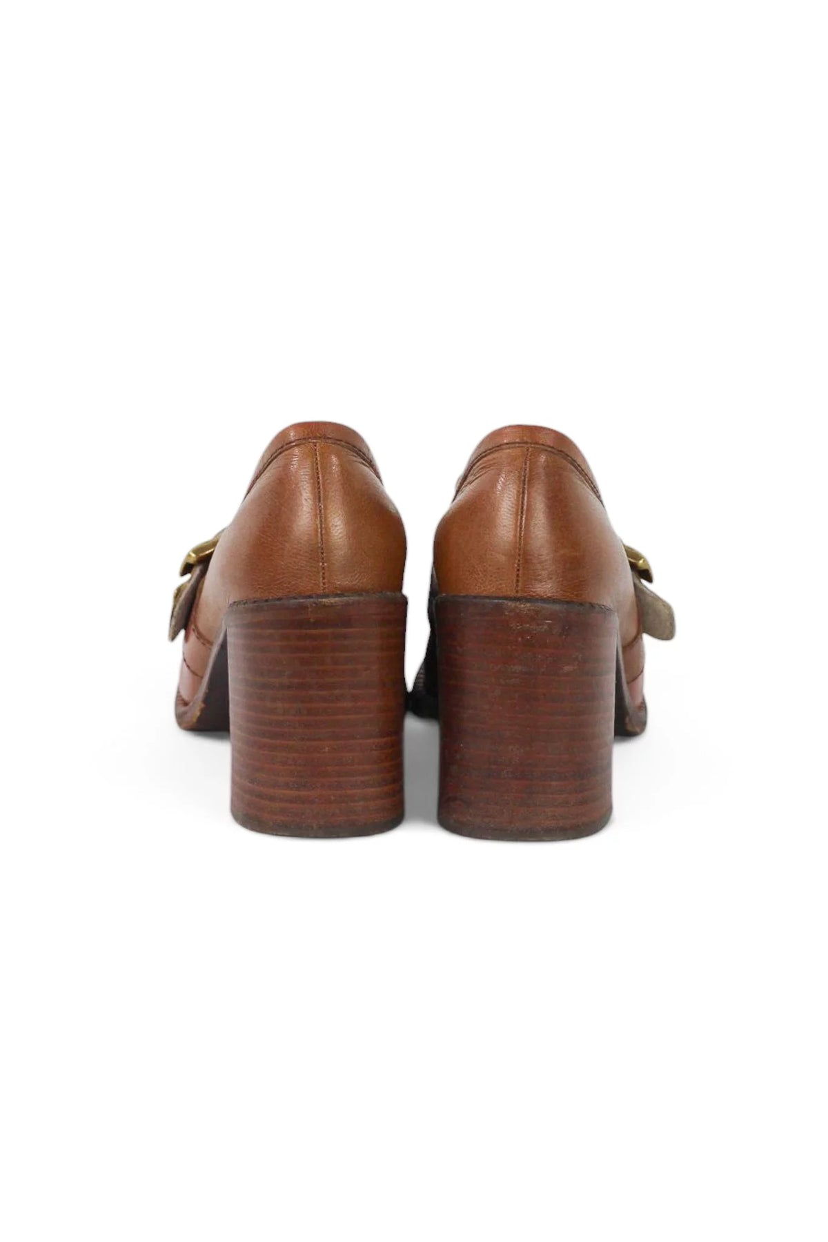Brown Leather Buckle Loafer Heels