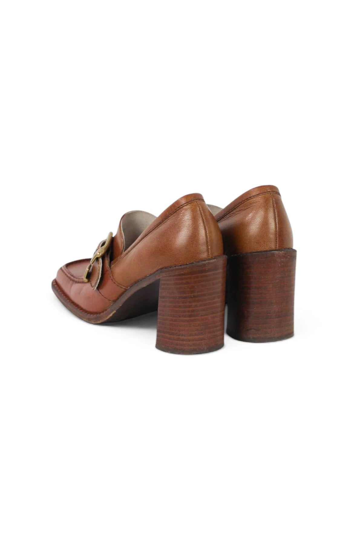 Brown Leather Buckle Loafer Heels