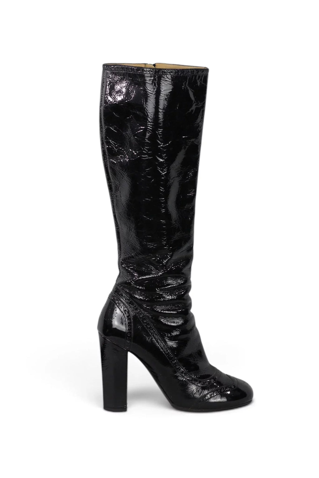 Black Patent Leather Knee-High Heeled Boots
