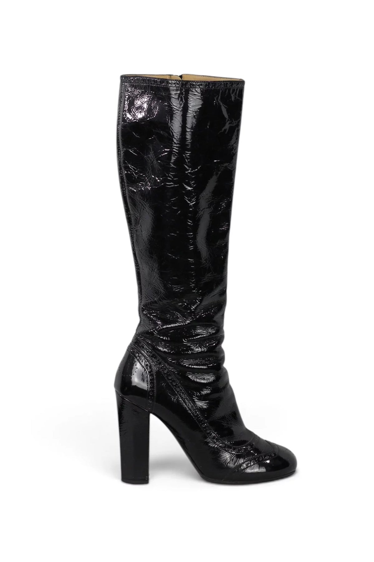 Black Patent Leather Knee-High Heeled Boots