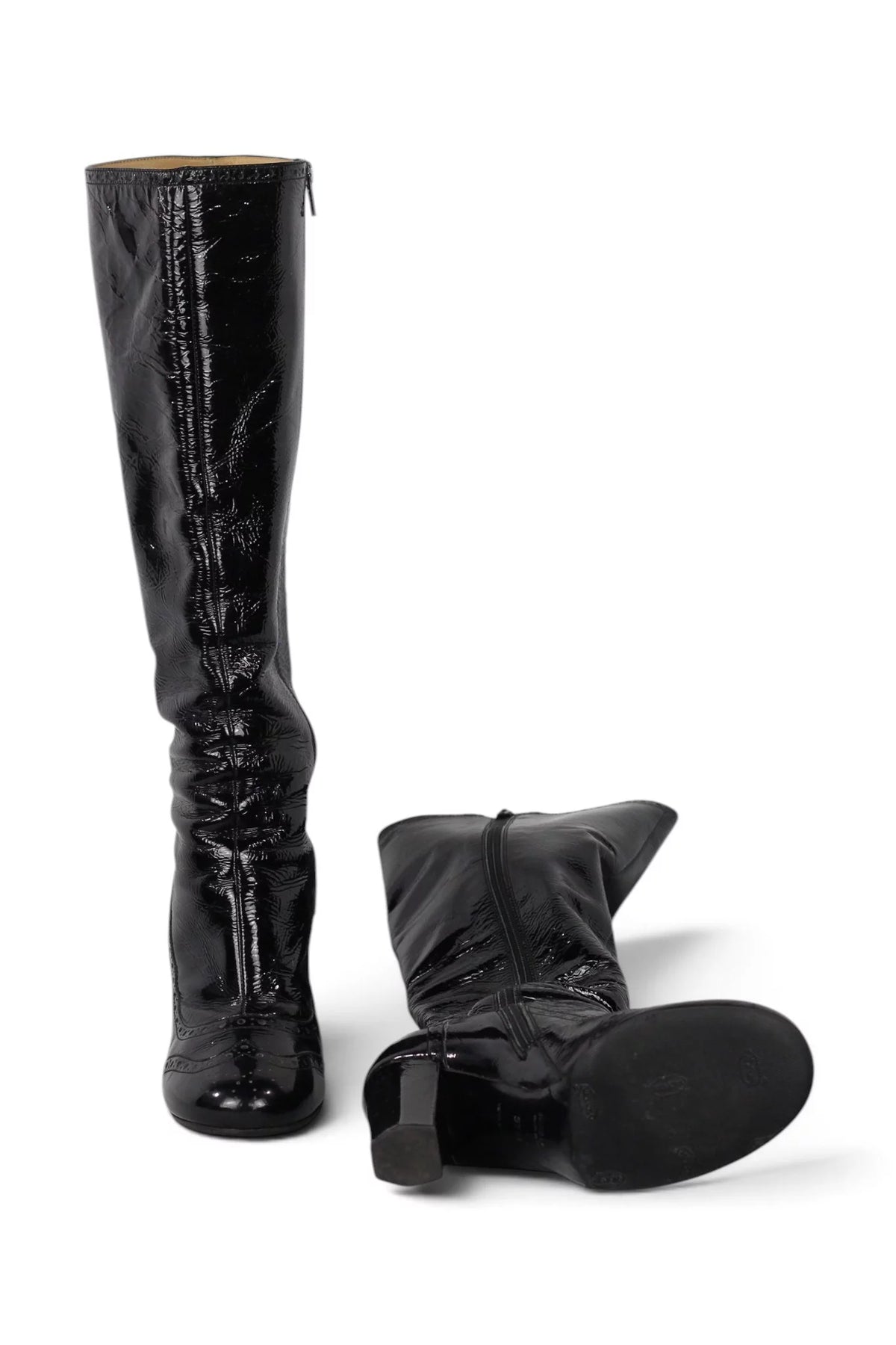 Black Patent Leather Knee-High Heeled Boots