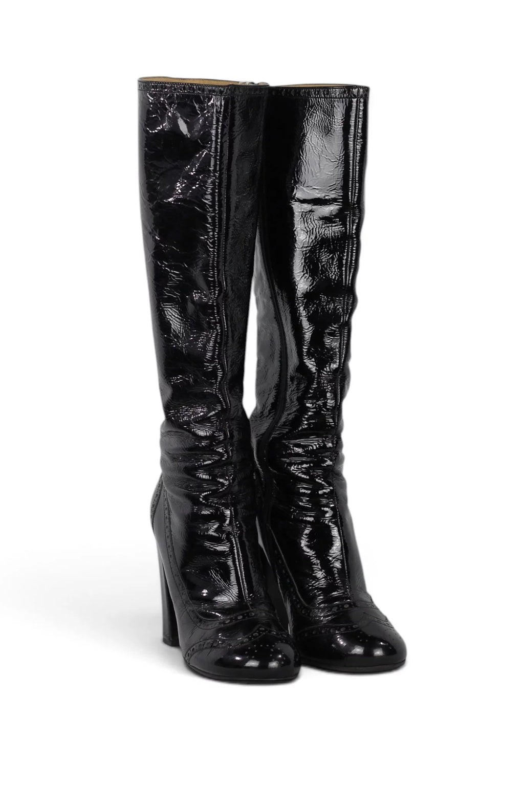 Black Patent Leather Knee-High Heeled Boots