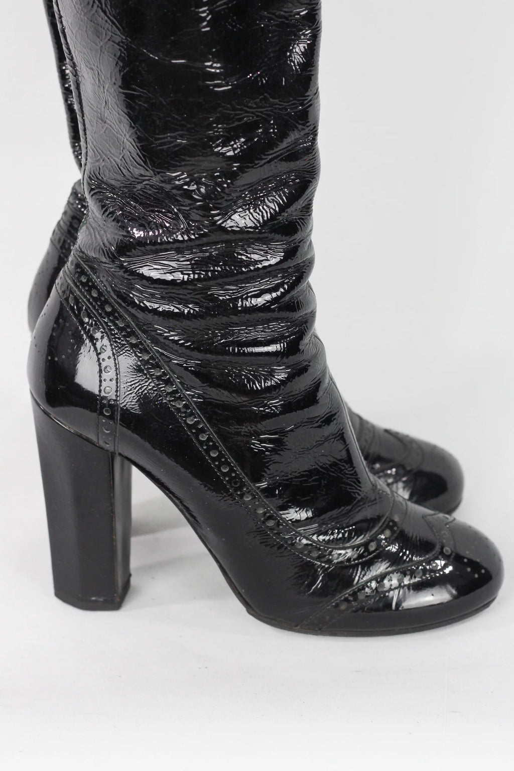 Black Patent Leather Knee-High Heeled Boots