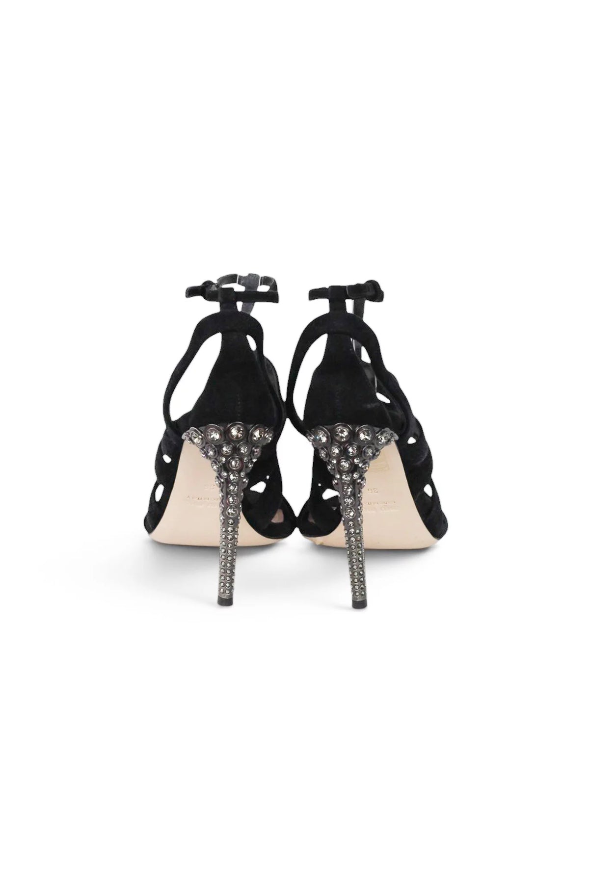 Black Suede Crystal-Heel Strappy Sandals