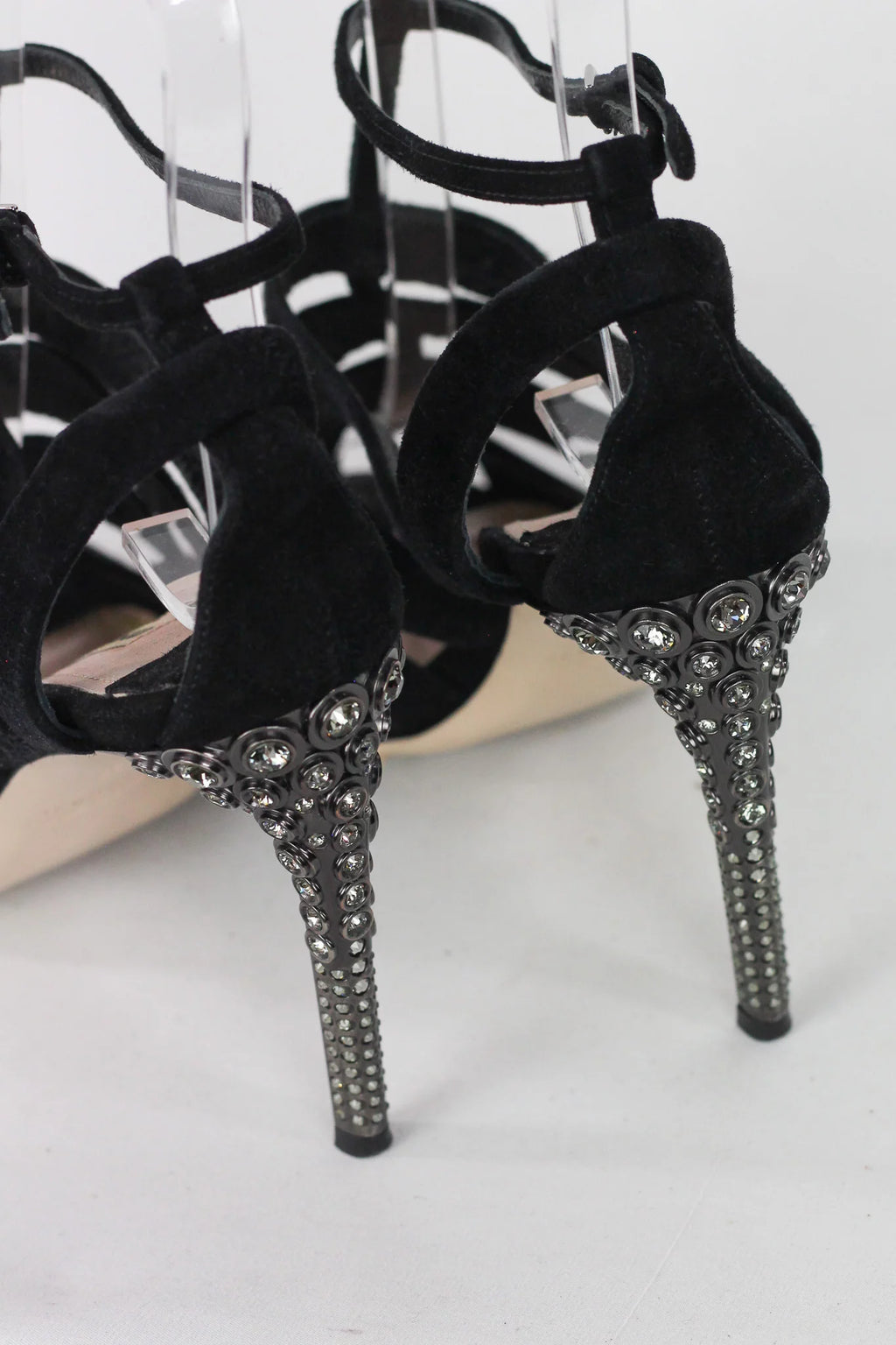 Black Suede Crystal-Heel Strappy Sandals